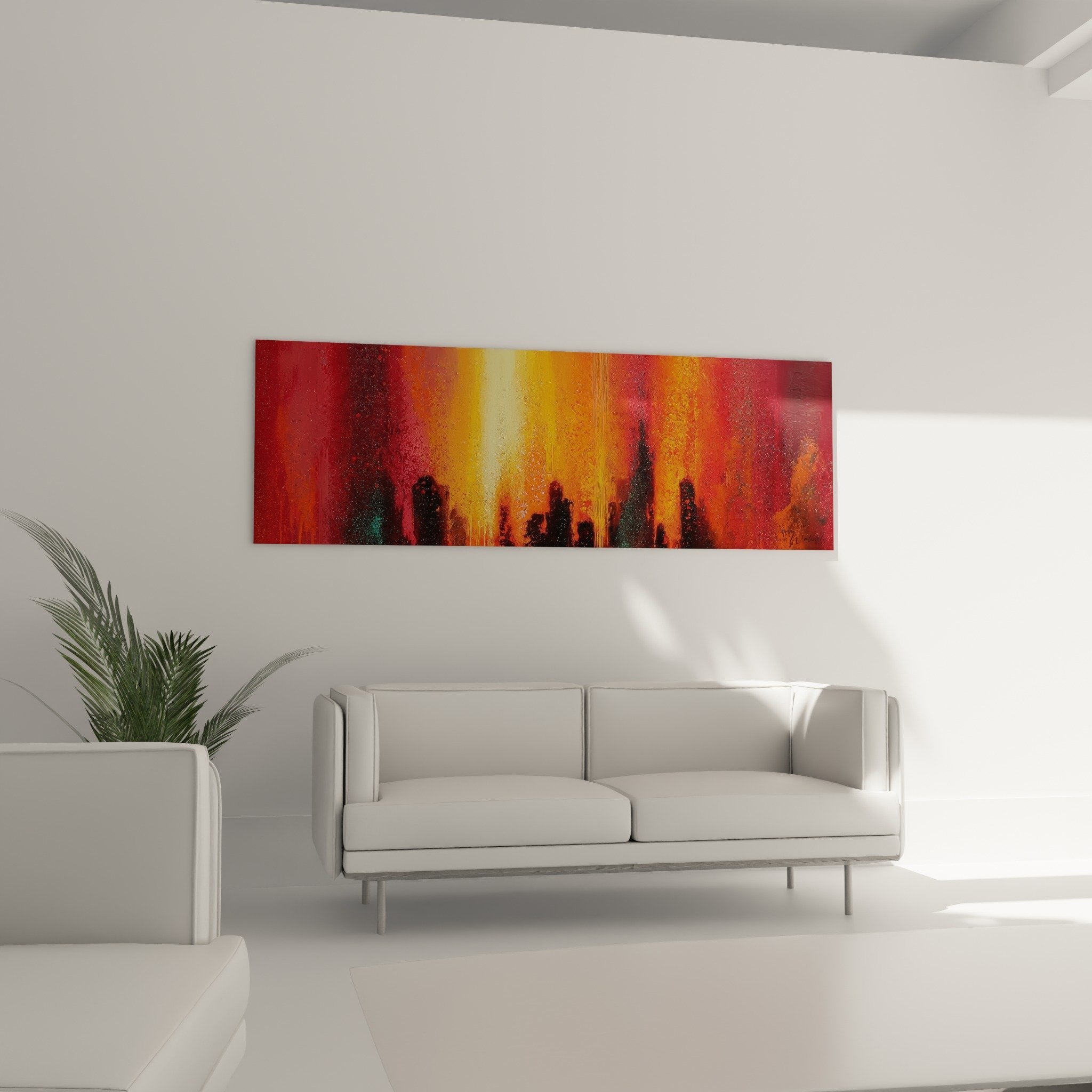 Detail texture flammes orange rouge jaune dore abstrait feng shui sud feu peinture contemporaine