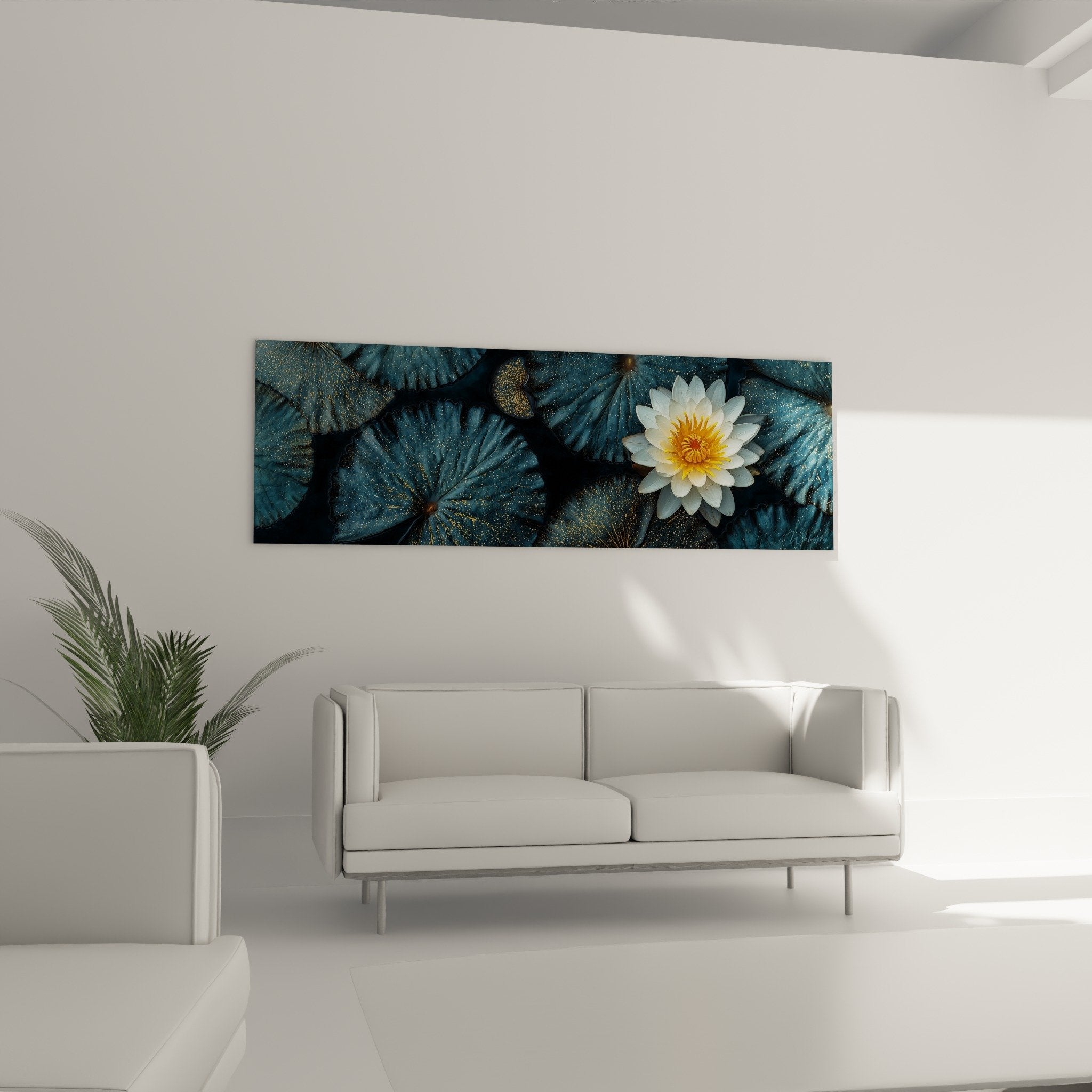 White lotus flower detail orange center delicate petals blue leaves golden sparkles
