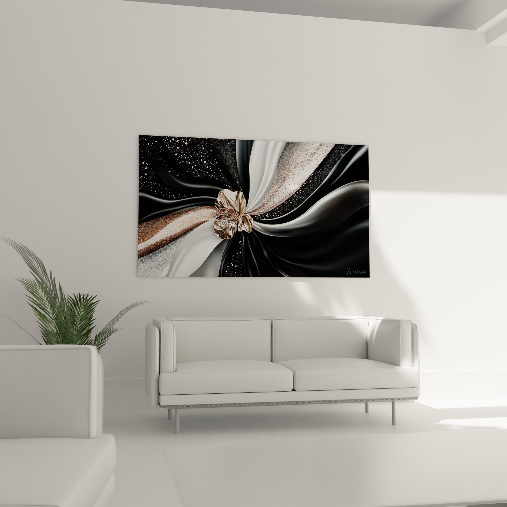 Gros plan détail fleur métallique dorée sculptée avec effets de brillance et textures raffinées tableau moderne