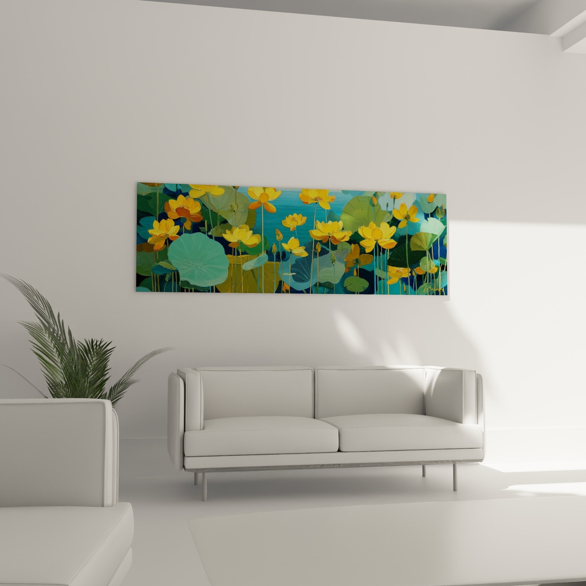 Close-up detail of golden water lily flowers with delicate petals on shimmering turquoise water background