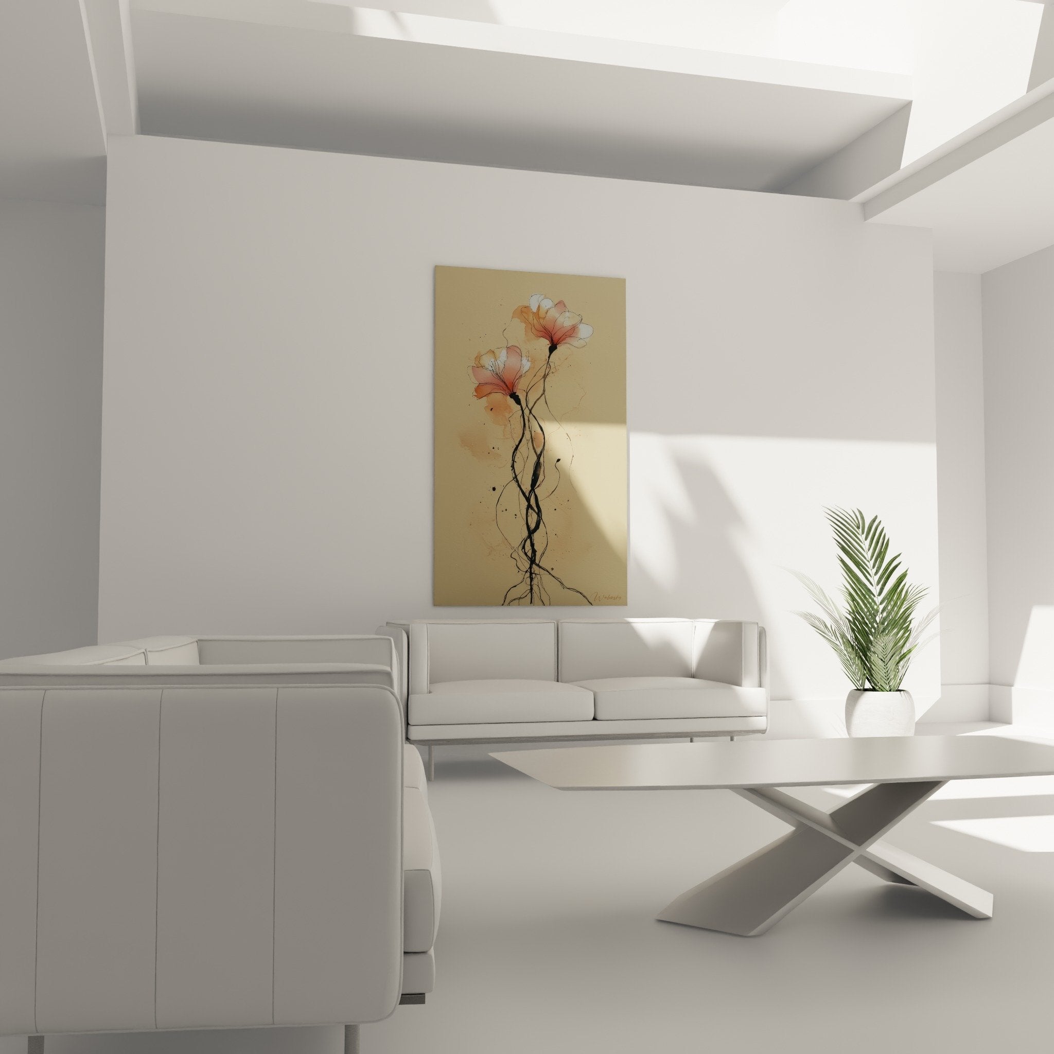 Detail fleurs aquarelle teintes corail transparentes sur fond beige style japonais