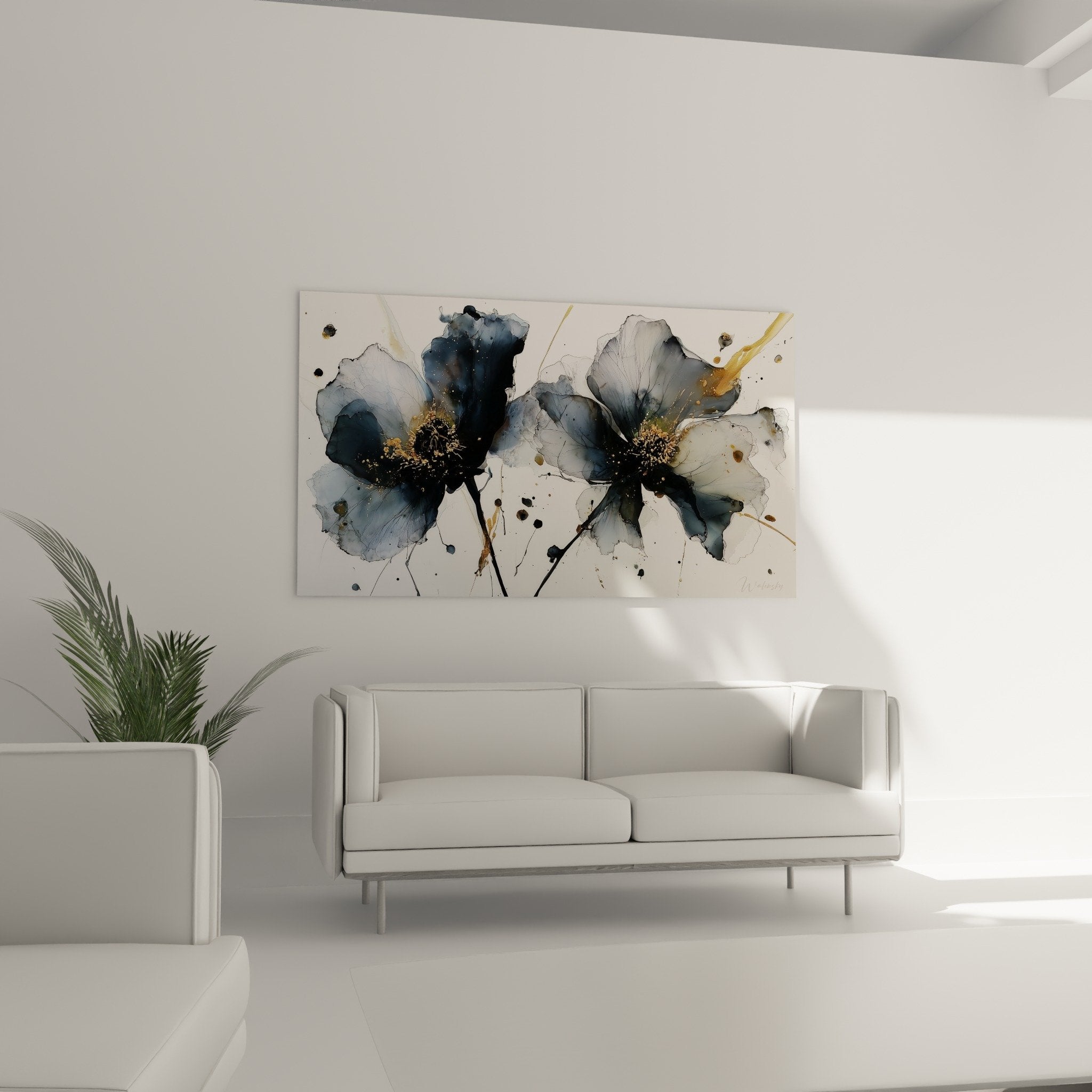 detailblumen aquarell grauanthrazit herz vergoldet durchsichtige blütenblätter moderne tinteentechnik marmor abstrakt