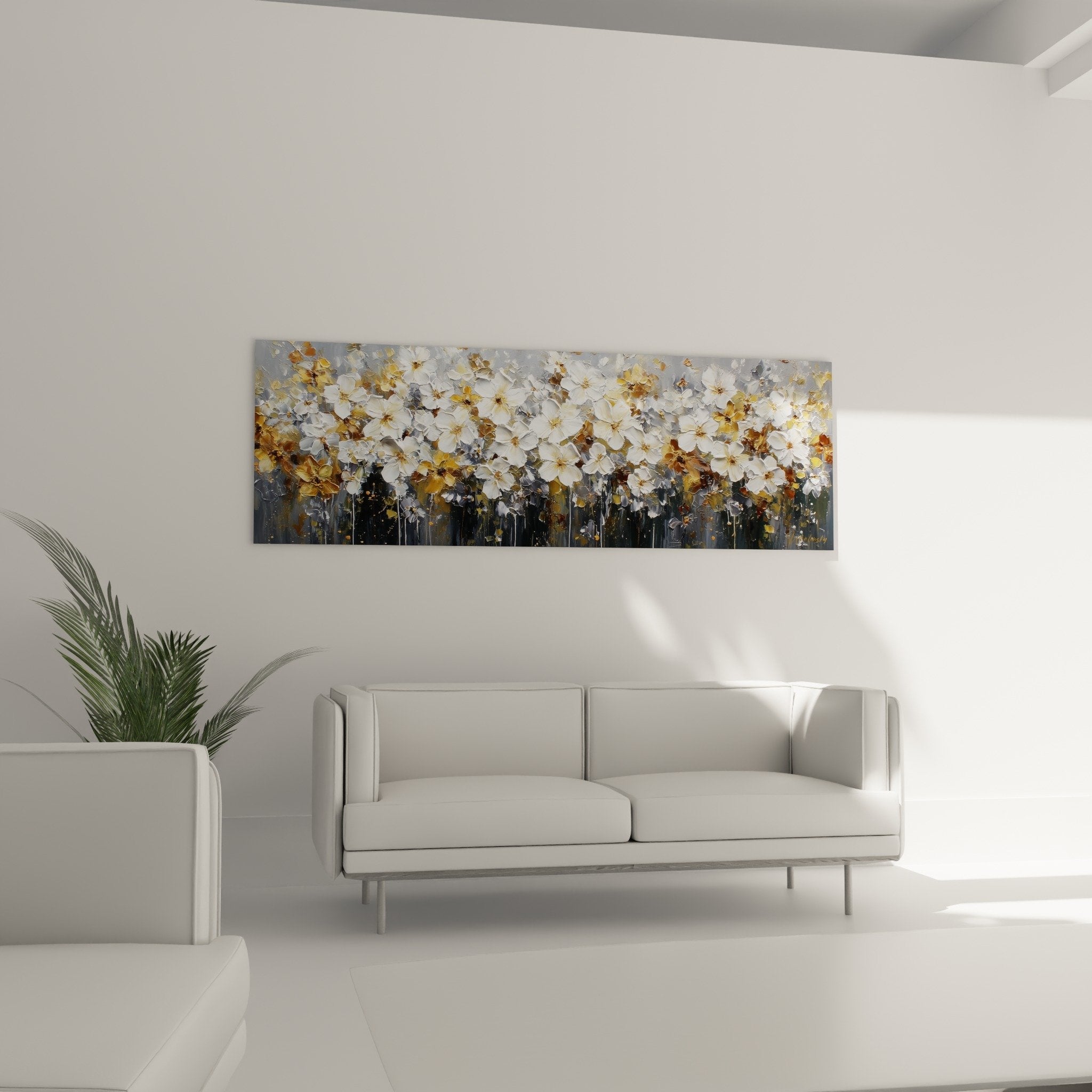 White flowers detail with golden accents and silver drips feng shui west metal wall art