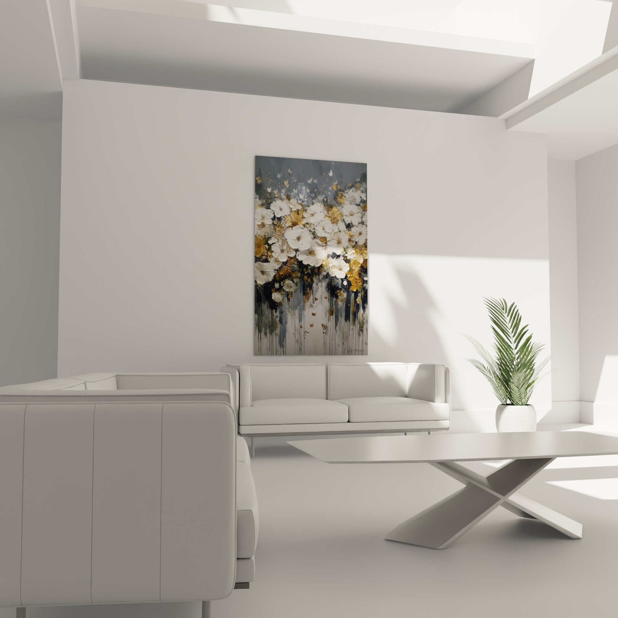 Detail fleurs blanches dorees papillons nuances grises peinture texturee feng shui ouest metal