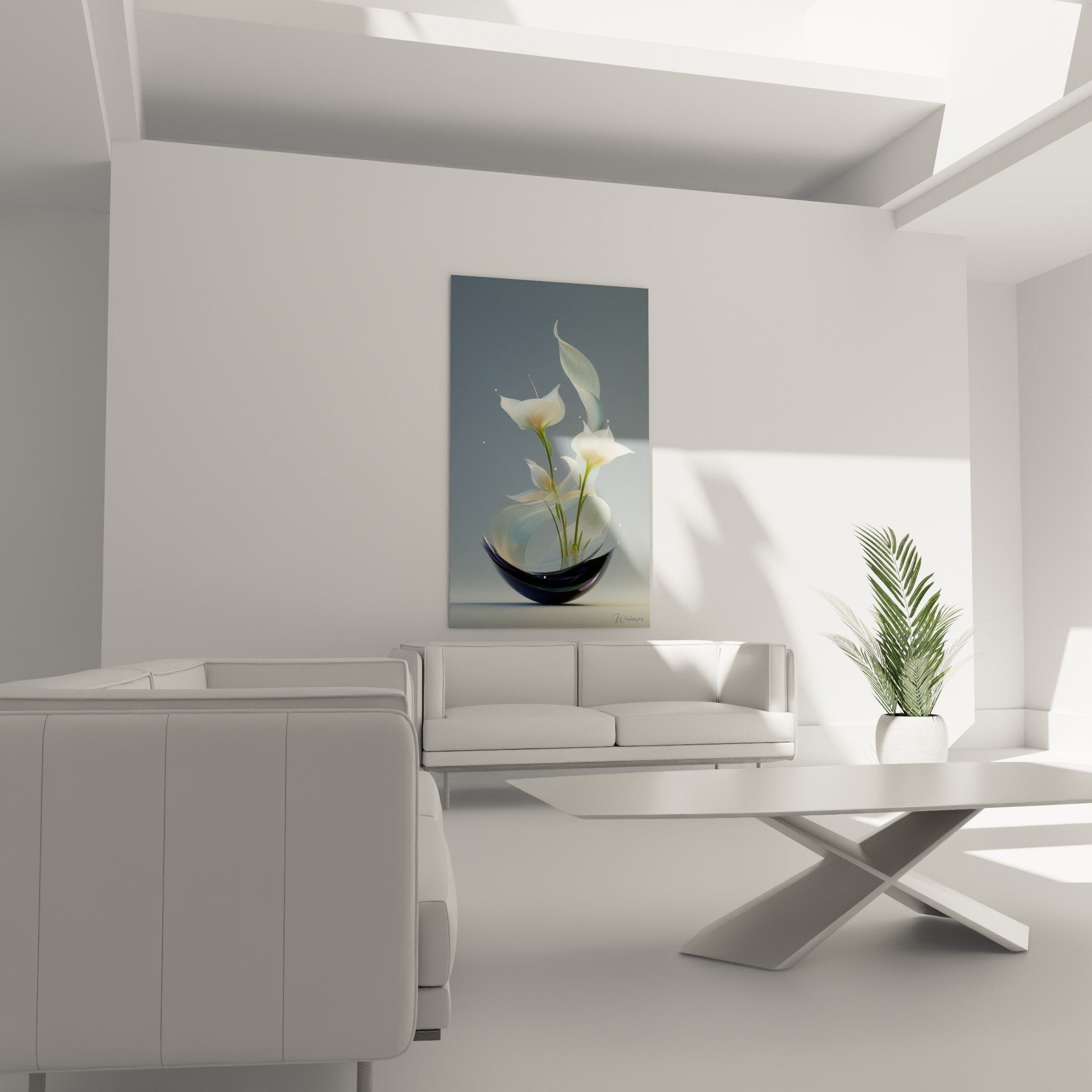 Ikebana floral composition detail white petals golden reflections curved black vase elegant Japanese art