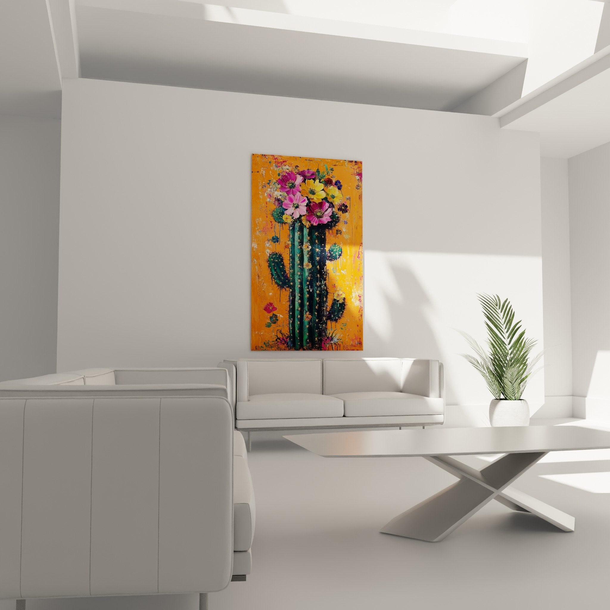 Detail fleurs colorees roses violettes jaunes sur cactus vert style cubiste avec textures