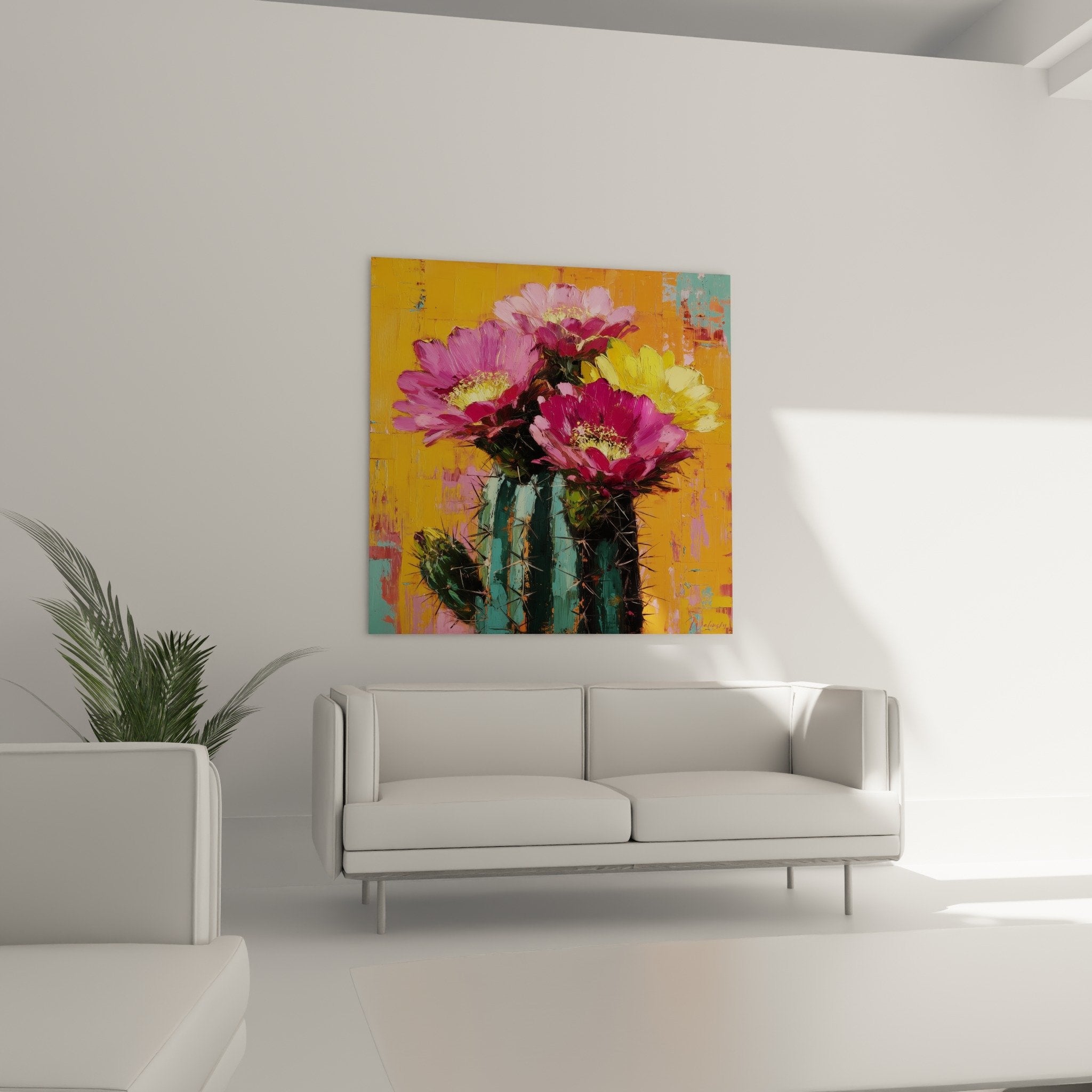 Detail fleurs cactus roses violettes peinture texturee empâtements couleurs vives