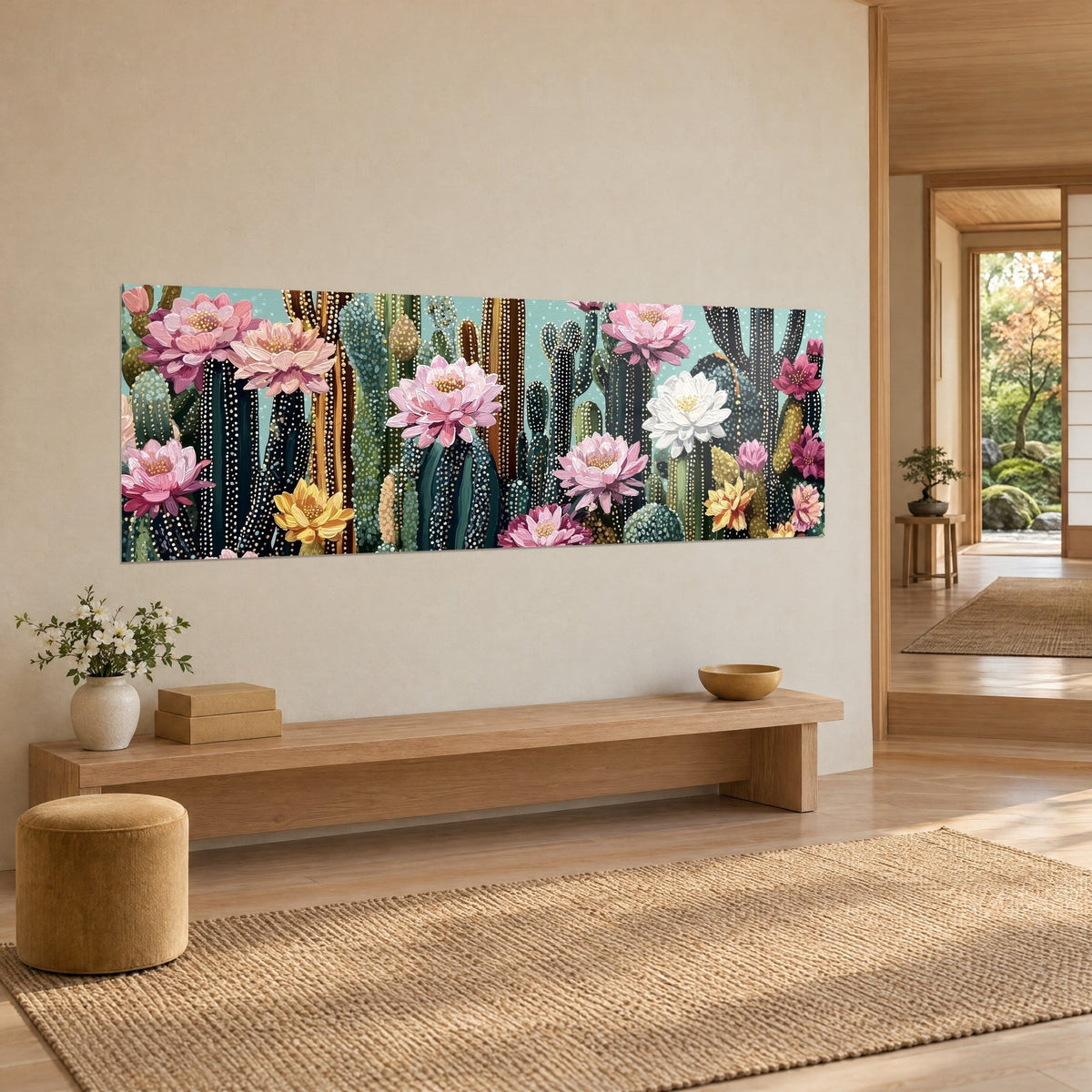 Schilderij van een geschilderde woestijntuin, witte bloem en roze bloemblaadjes op dennengroene cactus, beige muur van een japandi-huis