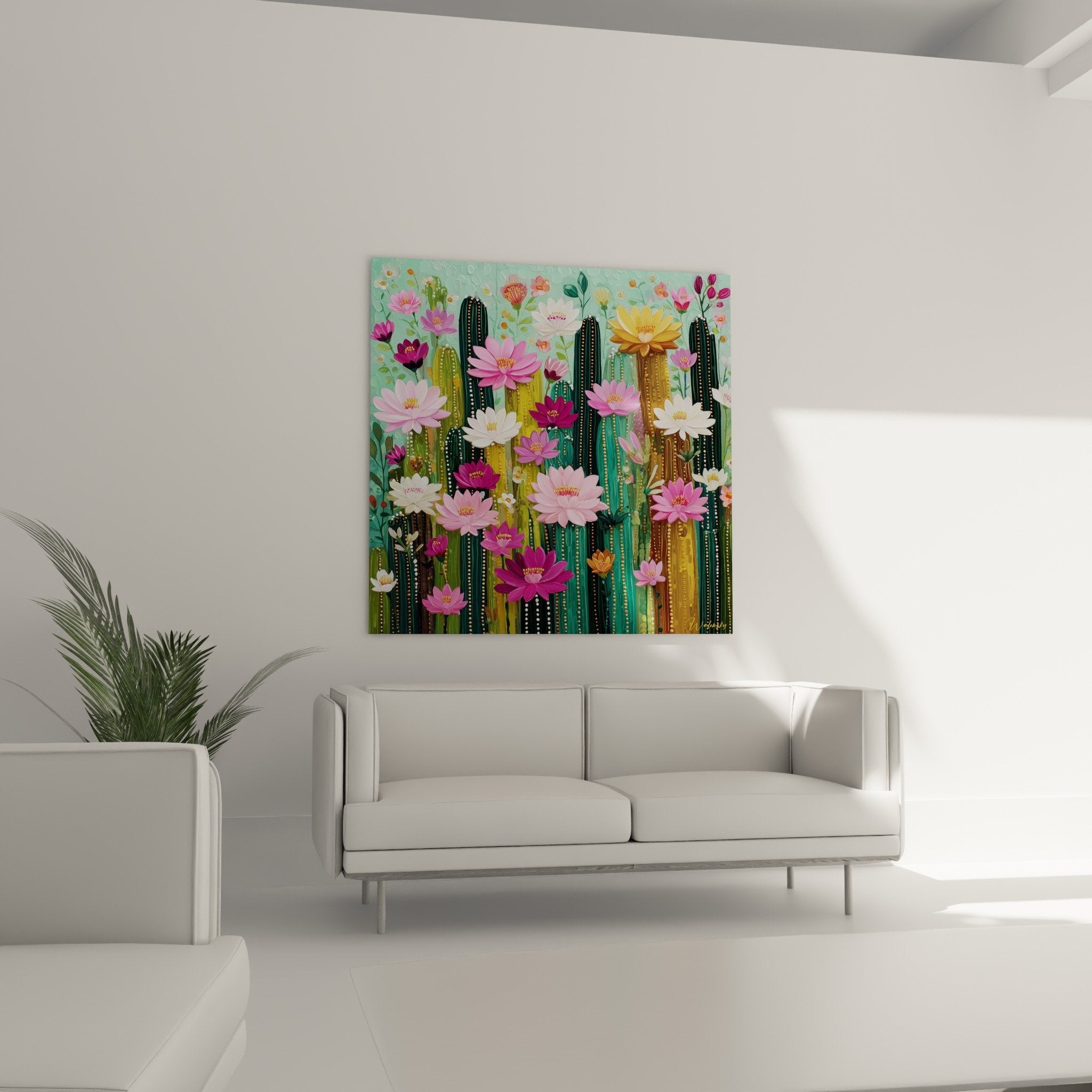 Detail fleurs roses cactus geometriques tableau cubiste decoration coloree moderne