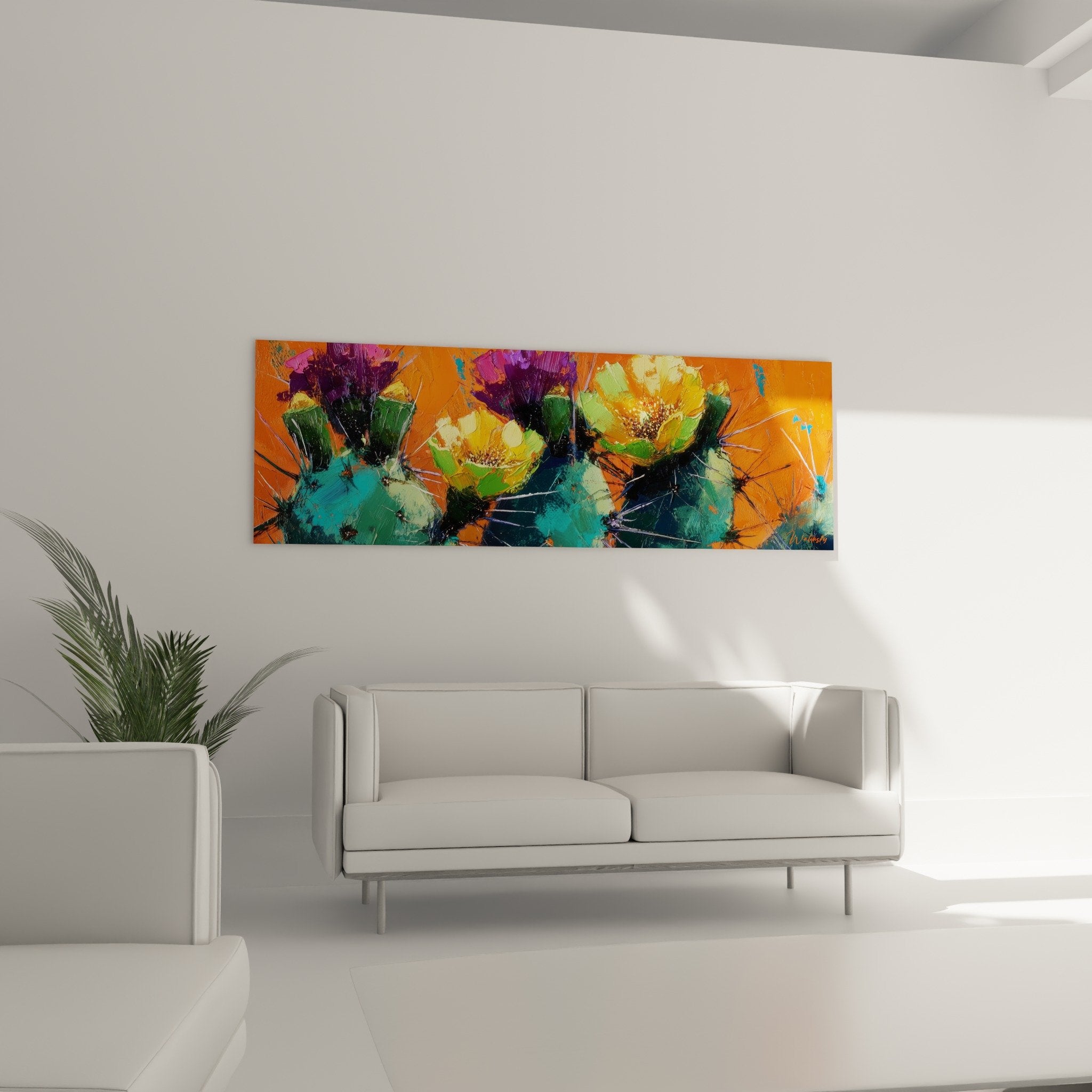 Detail of purple and yellow flowers on turquoise cactus expressive painting brushstrokes cactus edition