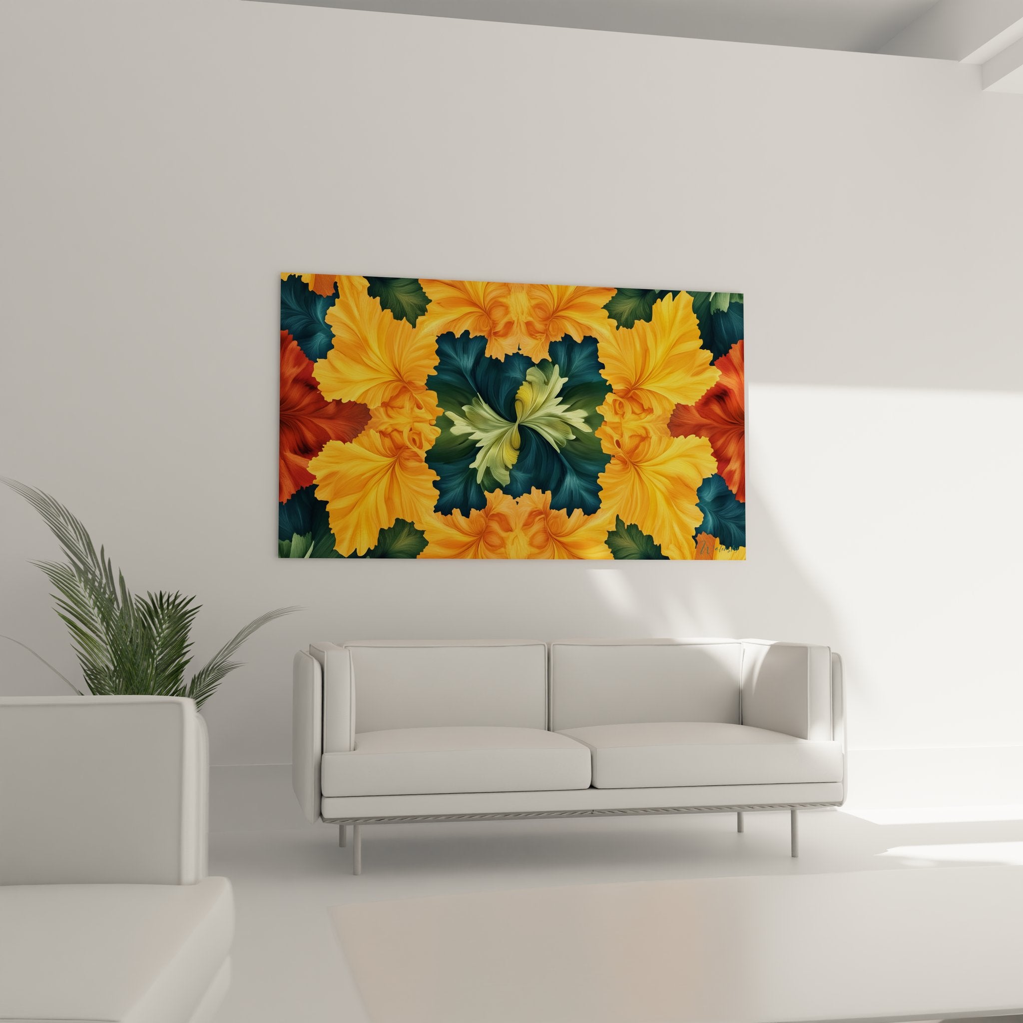 Détail gros plan fleurs fractales oranges, motifs géométriques complexes et patterns mathématiques