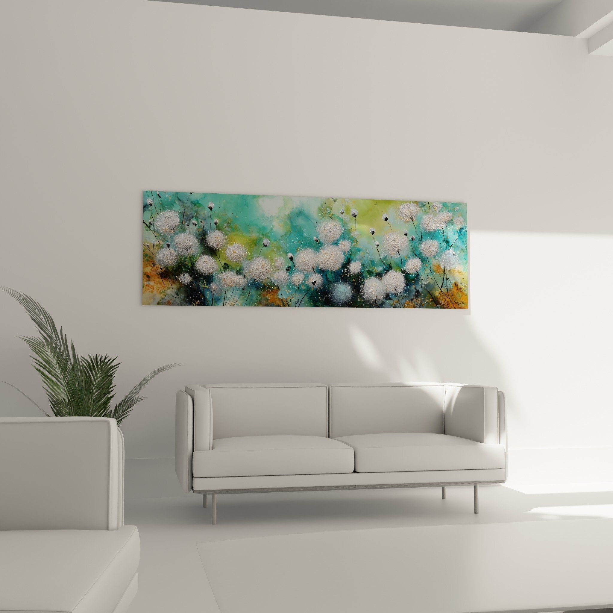 Détail fleurs graminées blanches granuleuses, tiges noires fines, technique mixte aquarelle et matière sur fond bleu