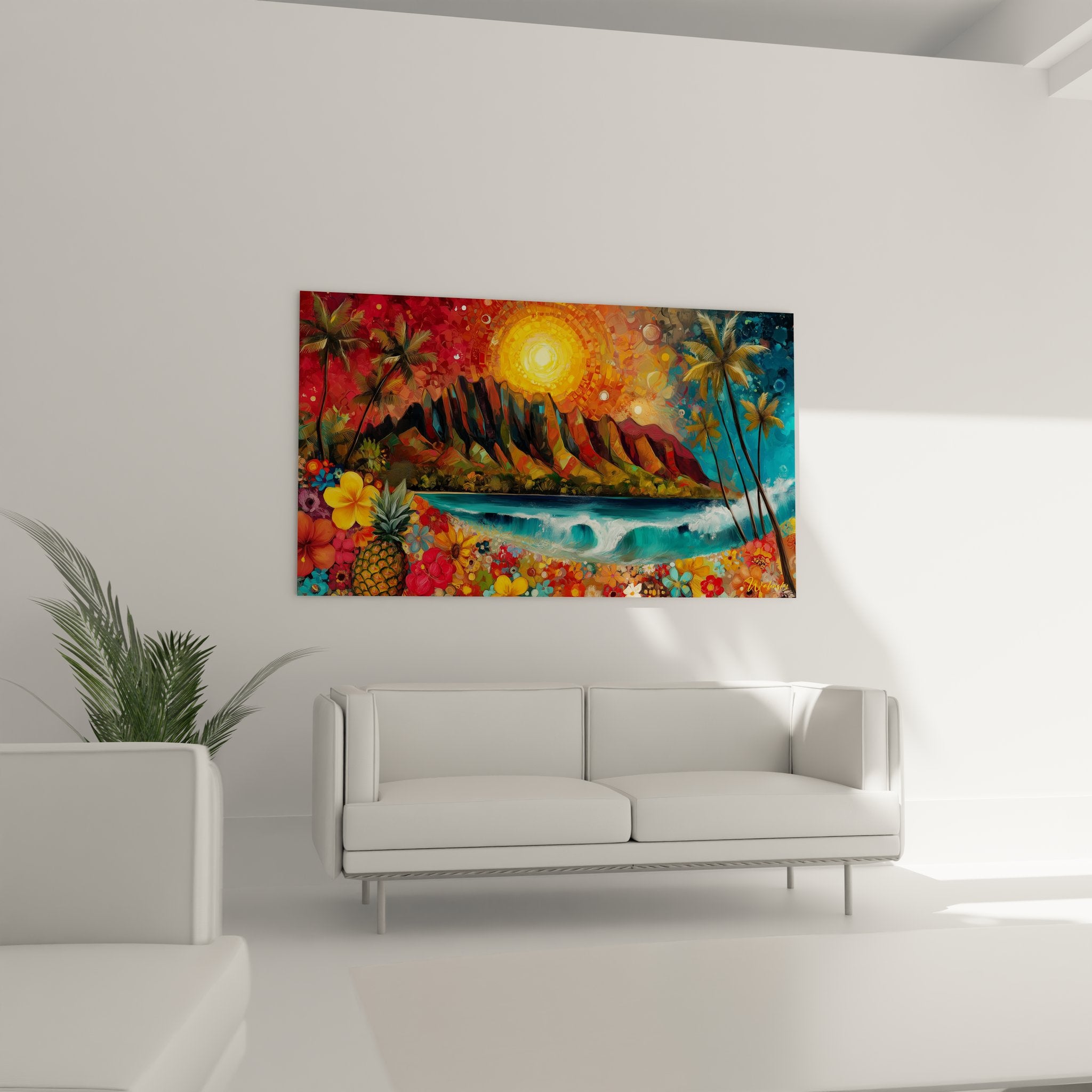 Détail tableau tropical montrant fleurs hibiscus, ananas et végétation exotique hawaienne colorée