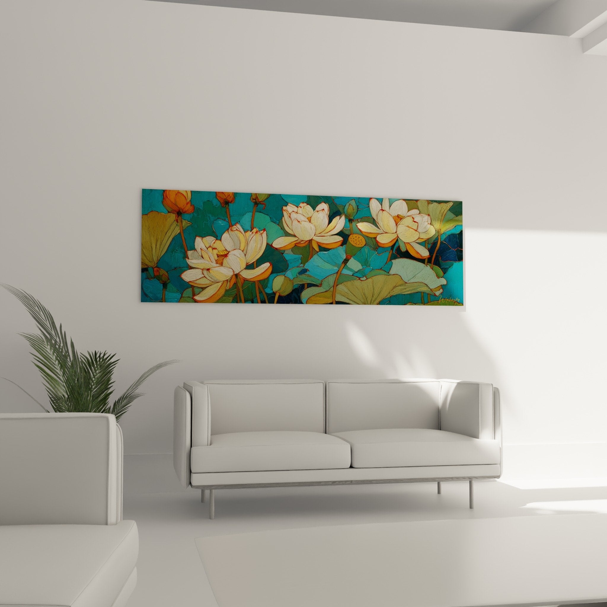 Détail fleurs de lotus blanches aux étamines dorées, peinture aquatique, pétales nacrés sur fond vert