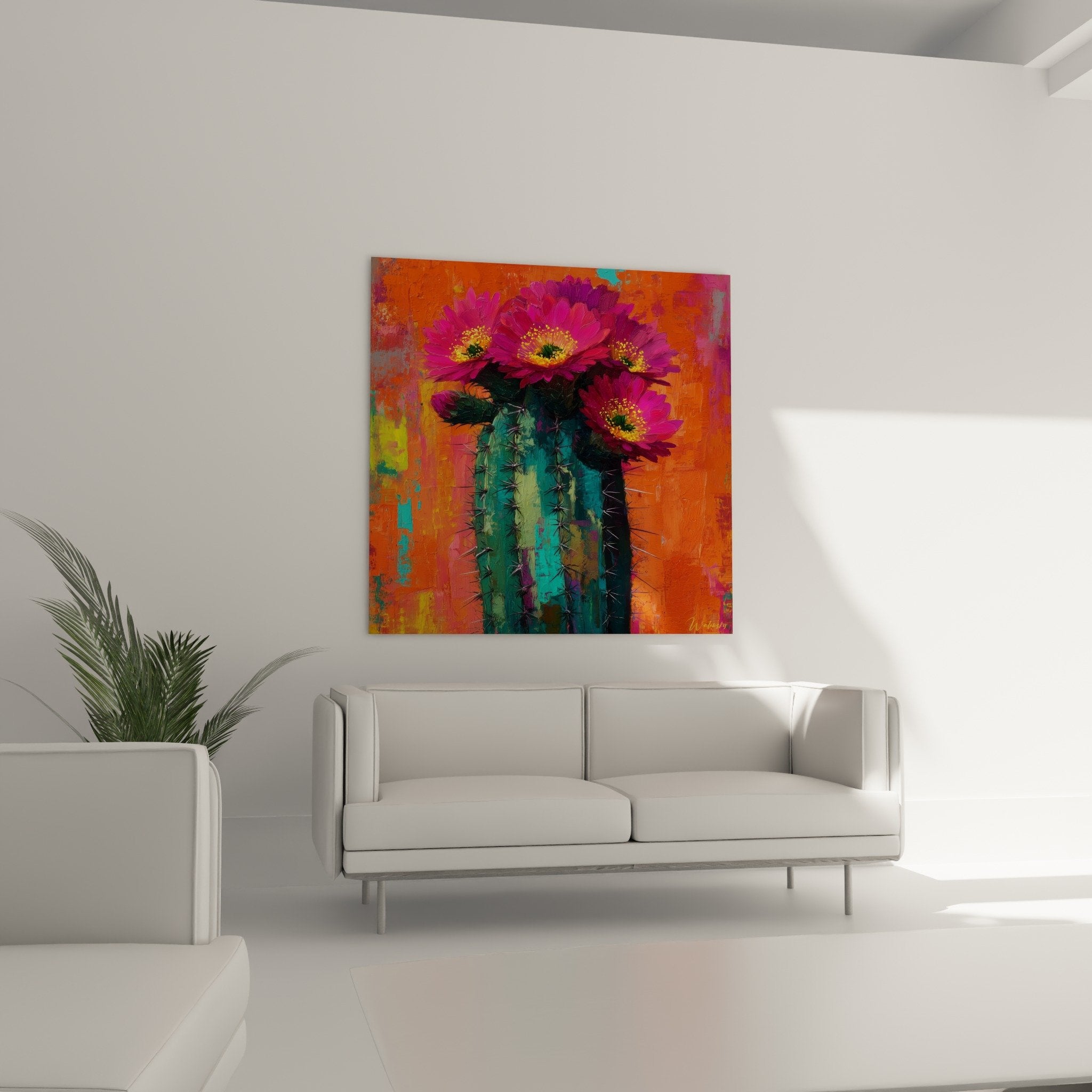 Détail fleurs magenta cactus peinture texturée coeurs jaunes pétales violets