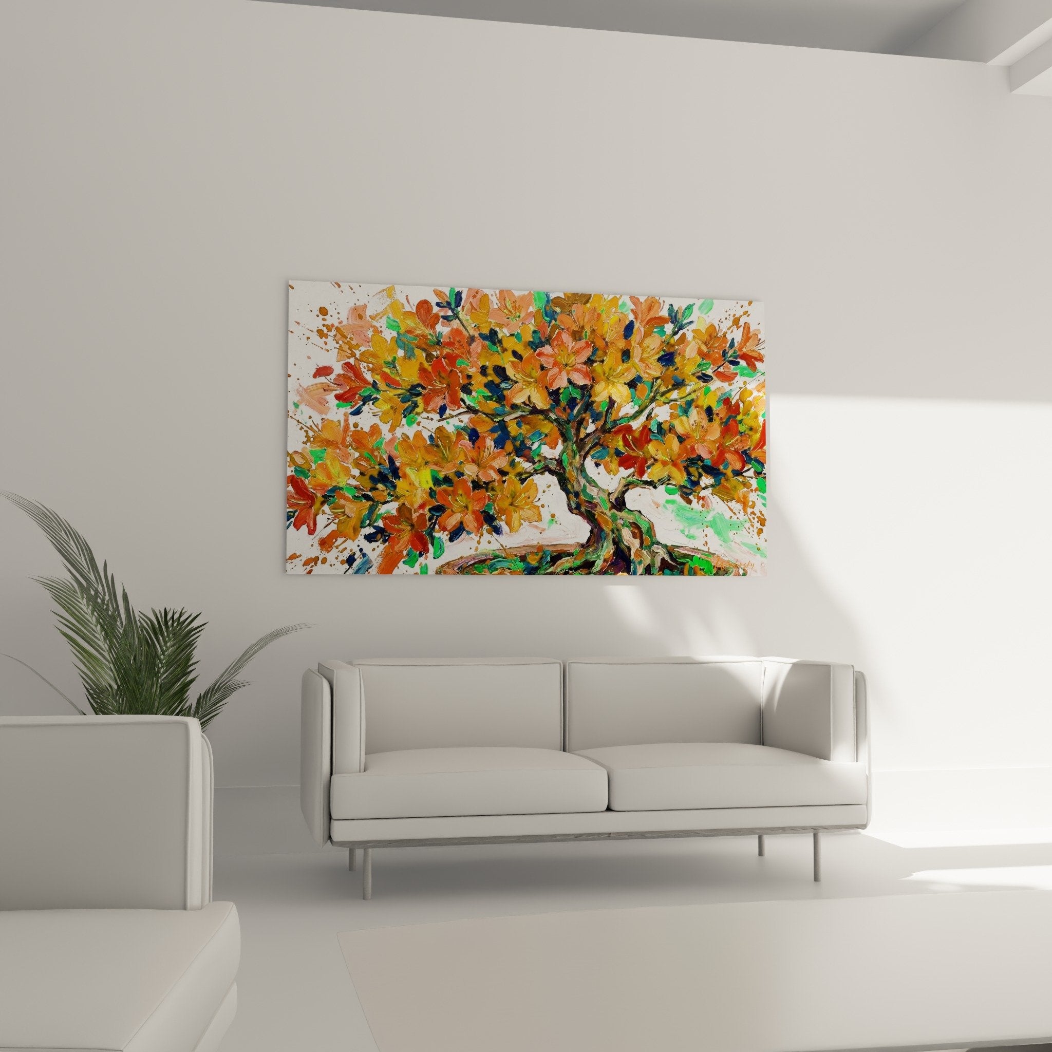 Nahaufnahme Details orange Bonsai-Blüten und blaue grüne Spritzer moderne Malerei