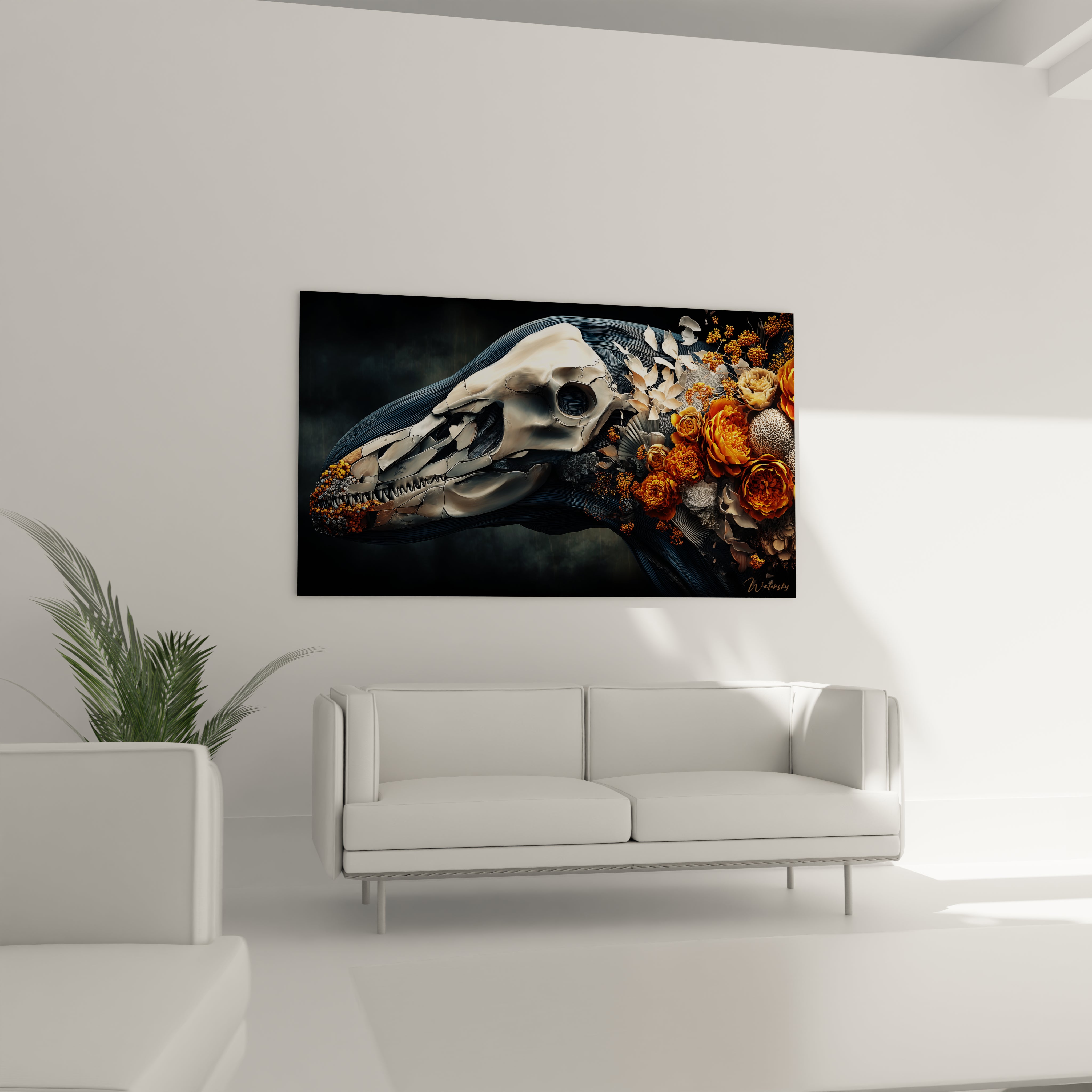 Gros plan détail fleurs orangées et crâne baleine - art mural décoratif style memento mori renaissance