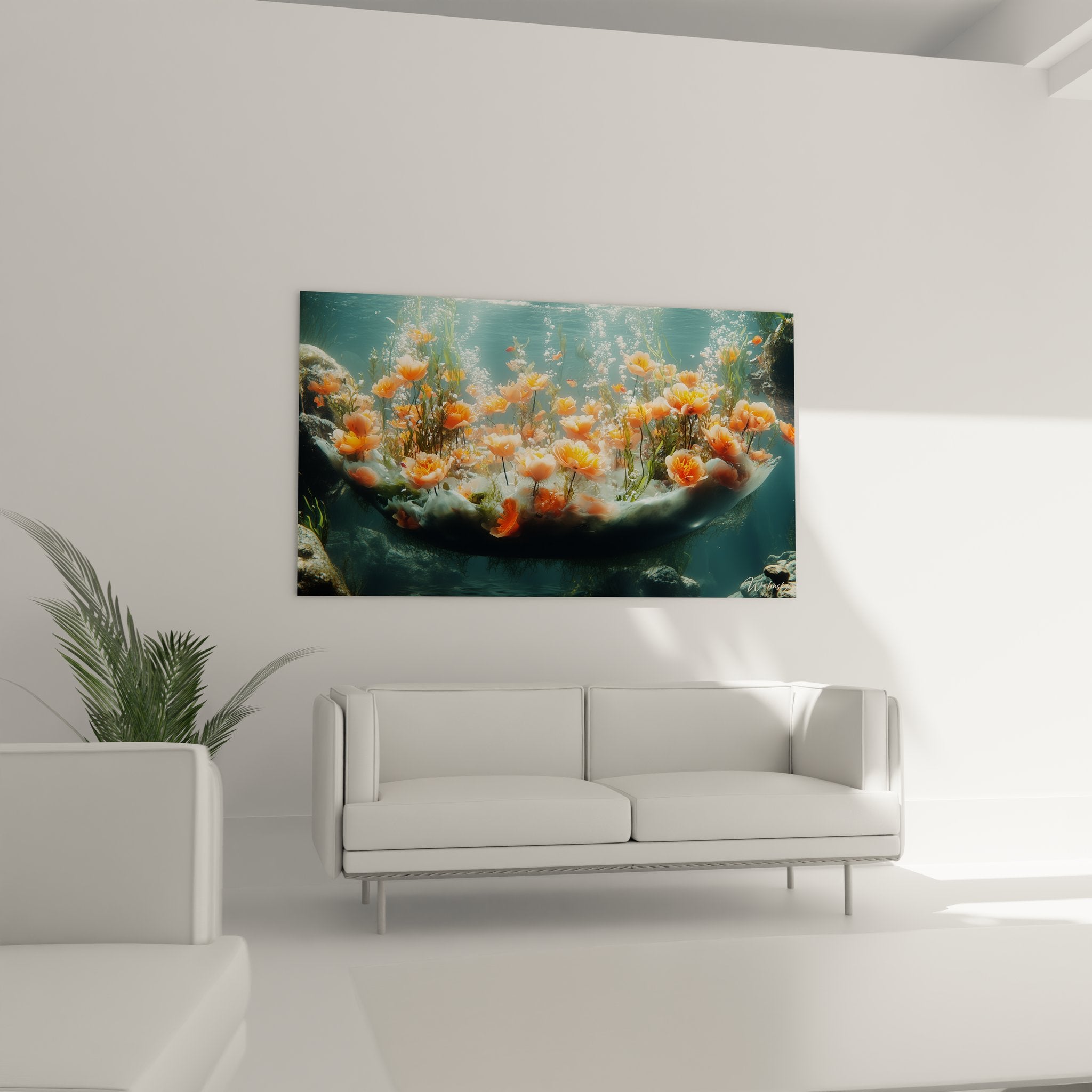 Gros plan détaillé fleurs orangées submergées tableau aquatique avec bulles remontant surface