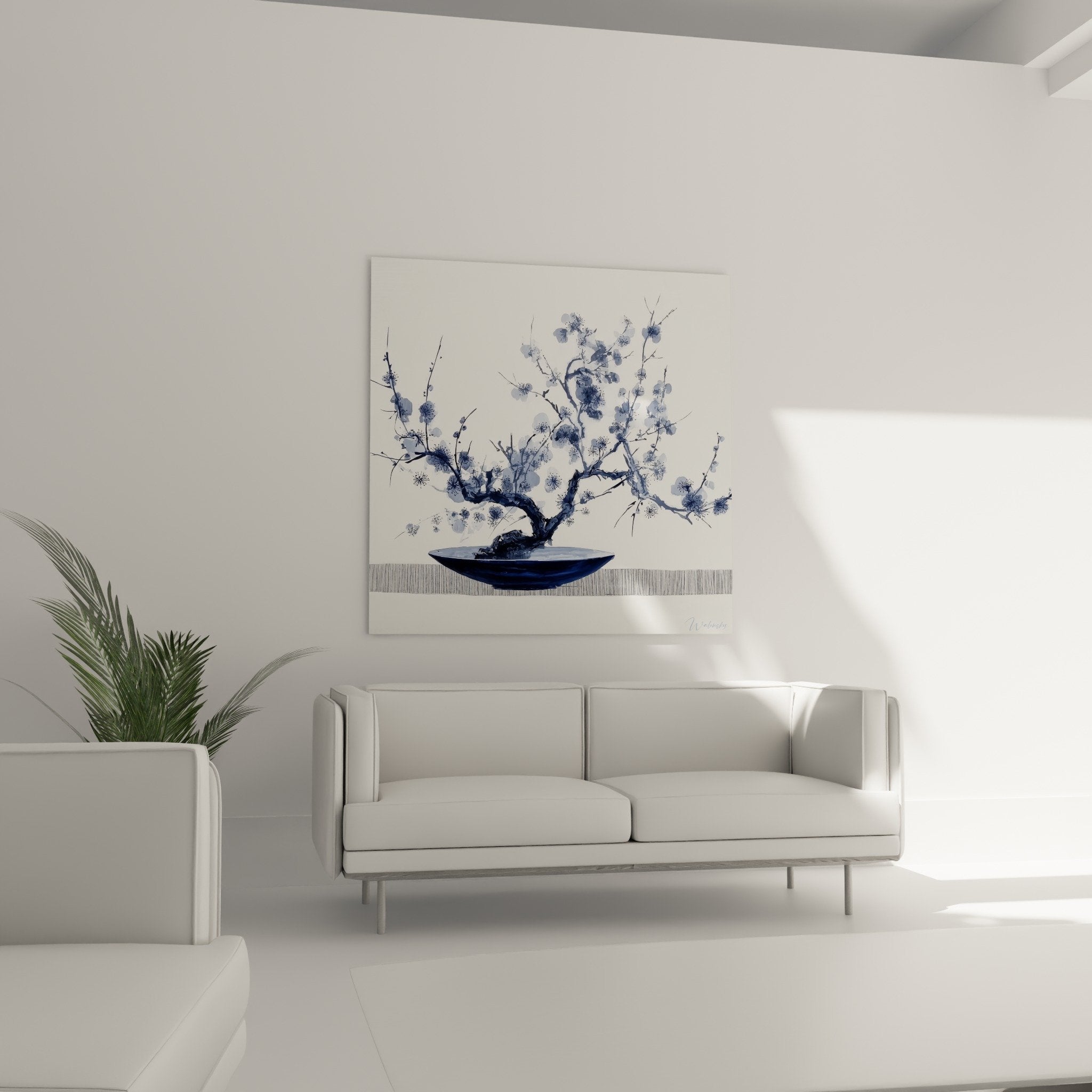 Plum blossom flower detail blue watercolor white petals stamens ikebana art floral composition