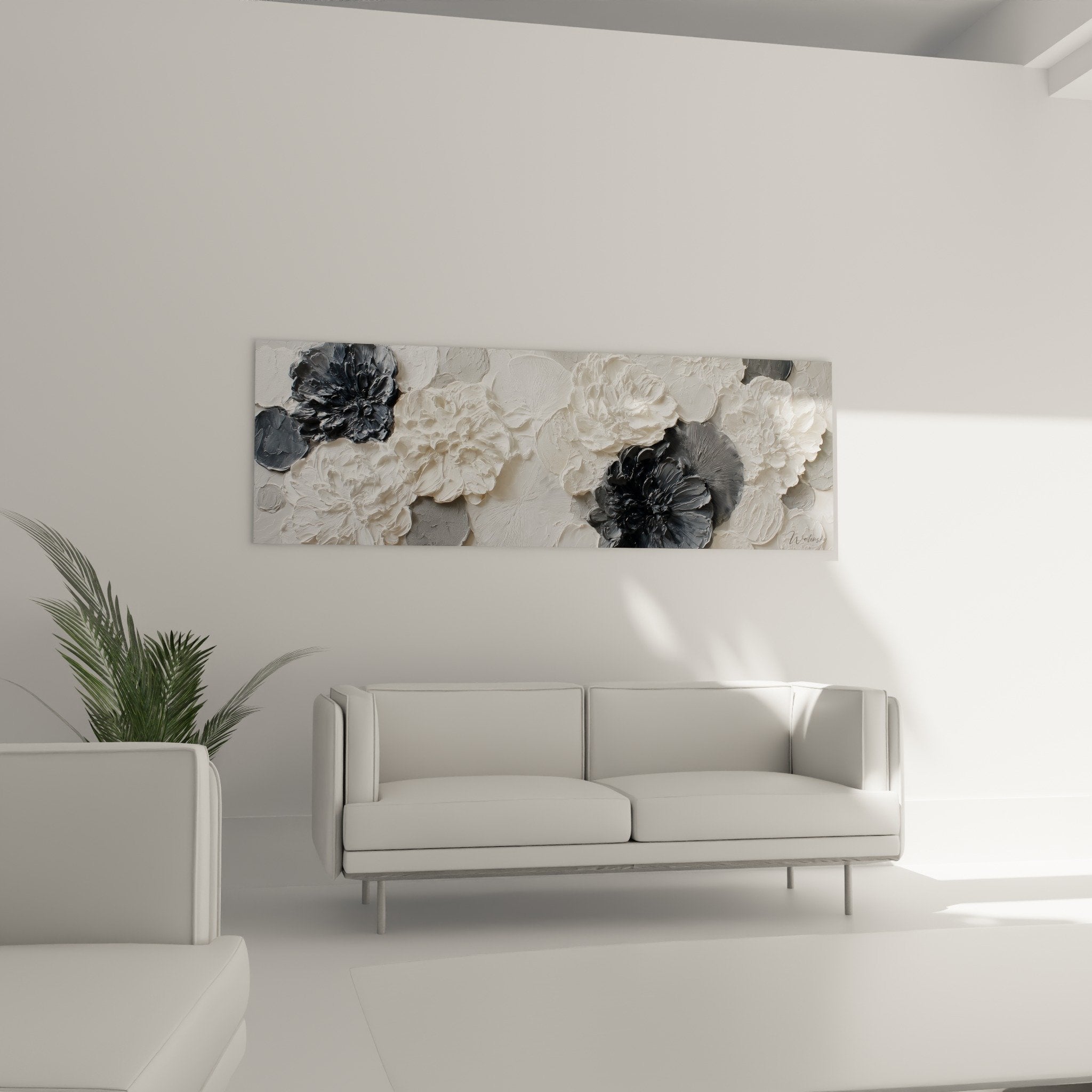 Sculptural textured white cream gray charcoal relief flowers peonies feng shui northwest metal detail
