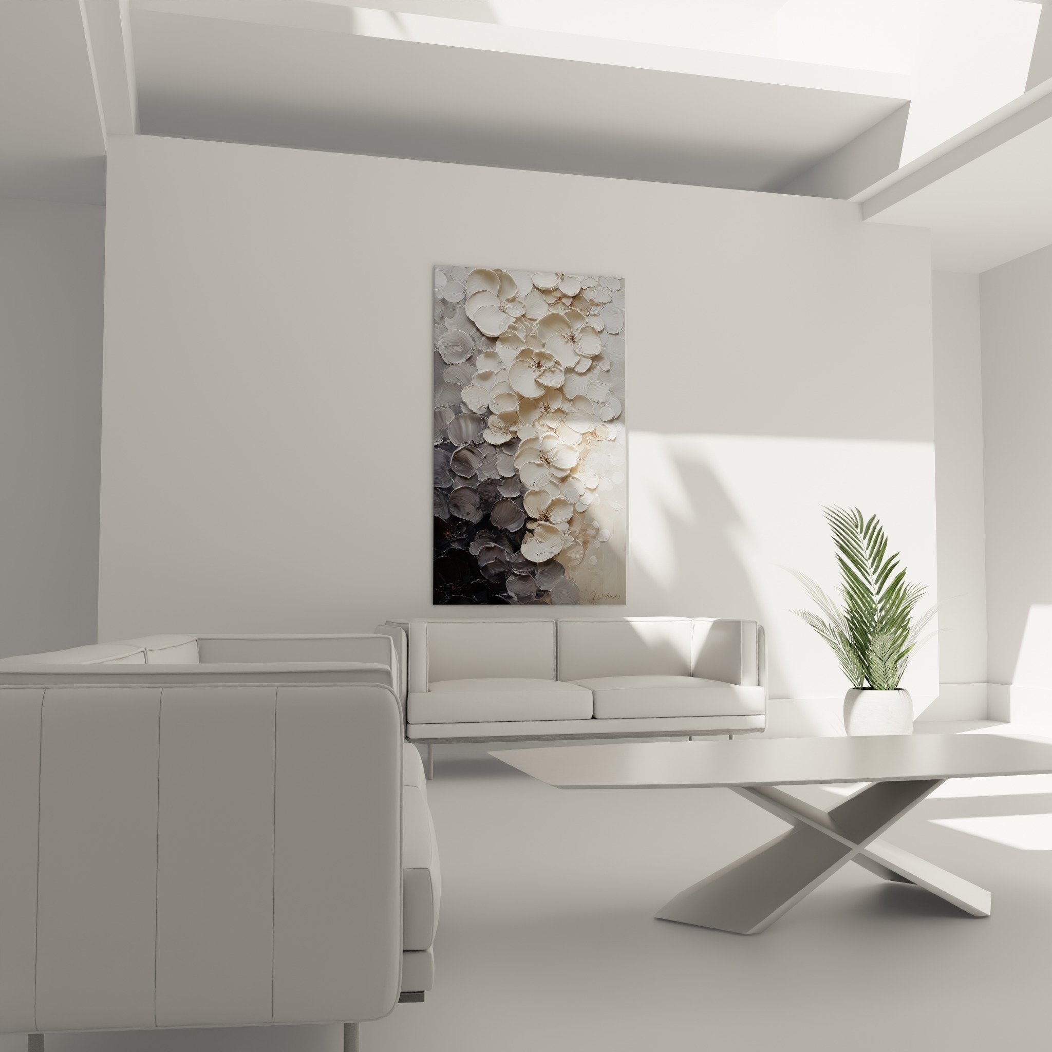 Detail fleurs relief texture sculpture petales blanc nacre beige centre dore feng shui metal gros plan