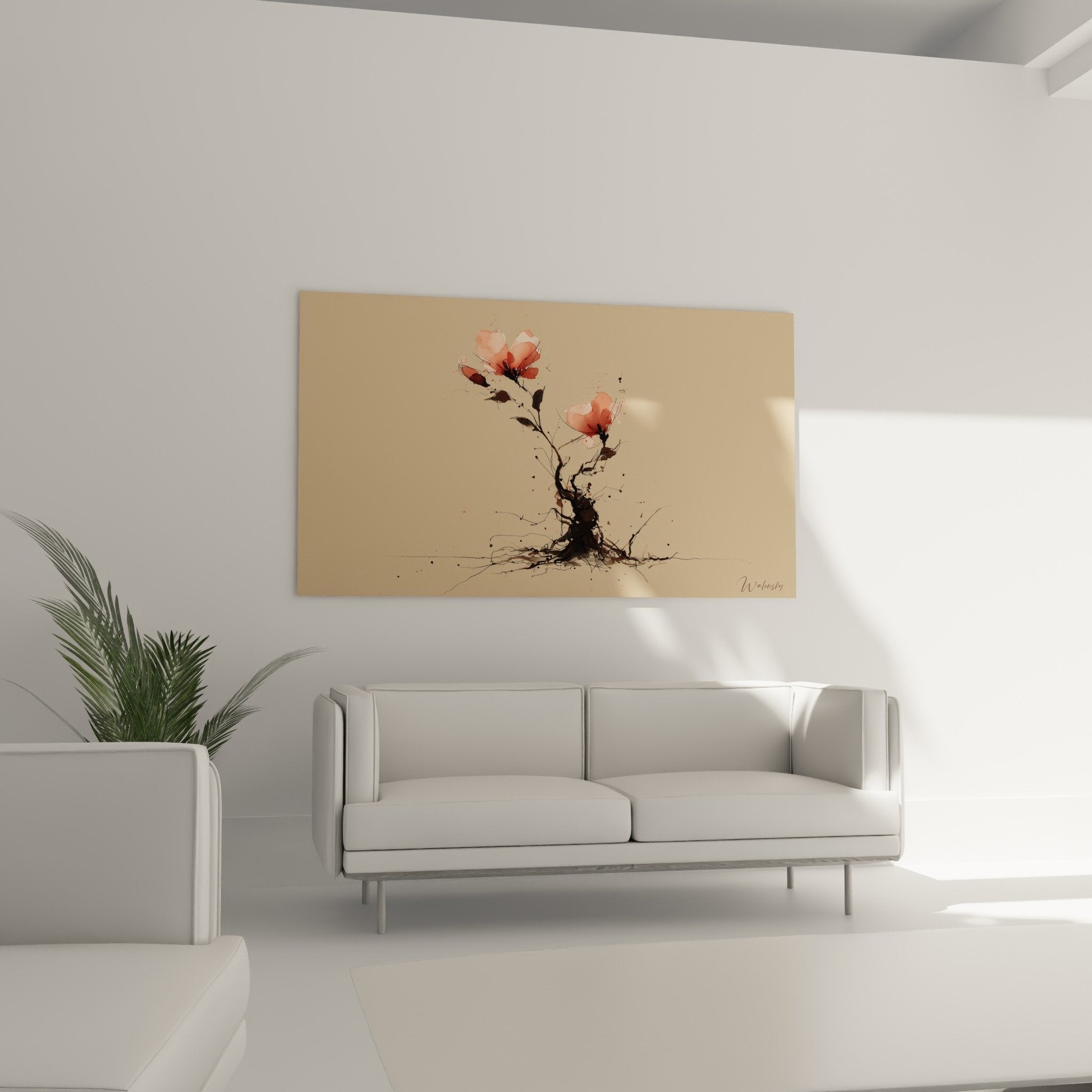 Detailaufnahme korallenrosa Blüten zarte Blütenblätter japanische Ikebana-Kunst schwarze Tintenspritzer