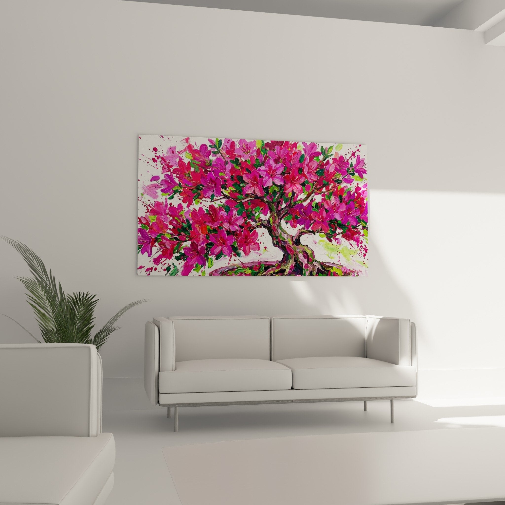 Close-up detail of pink and magenta flowers of the bonsai painted with expressive technique