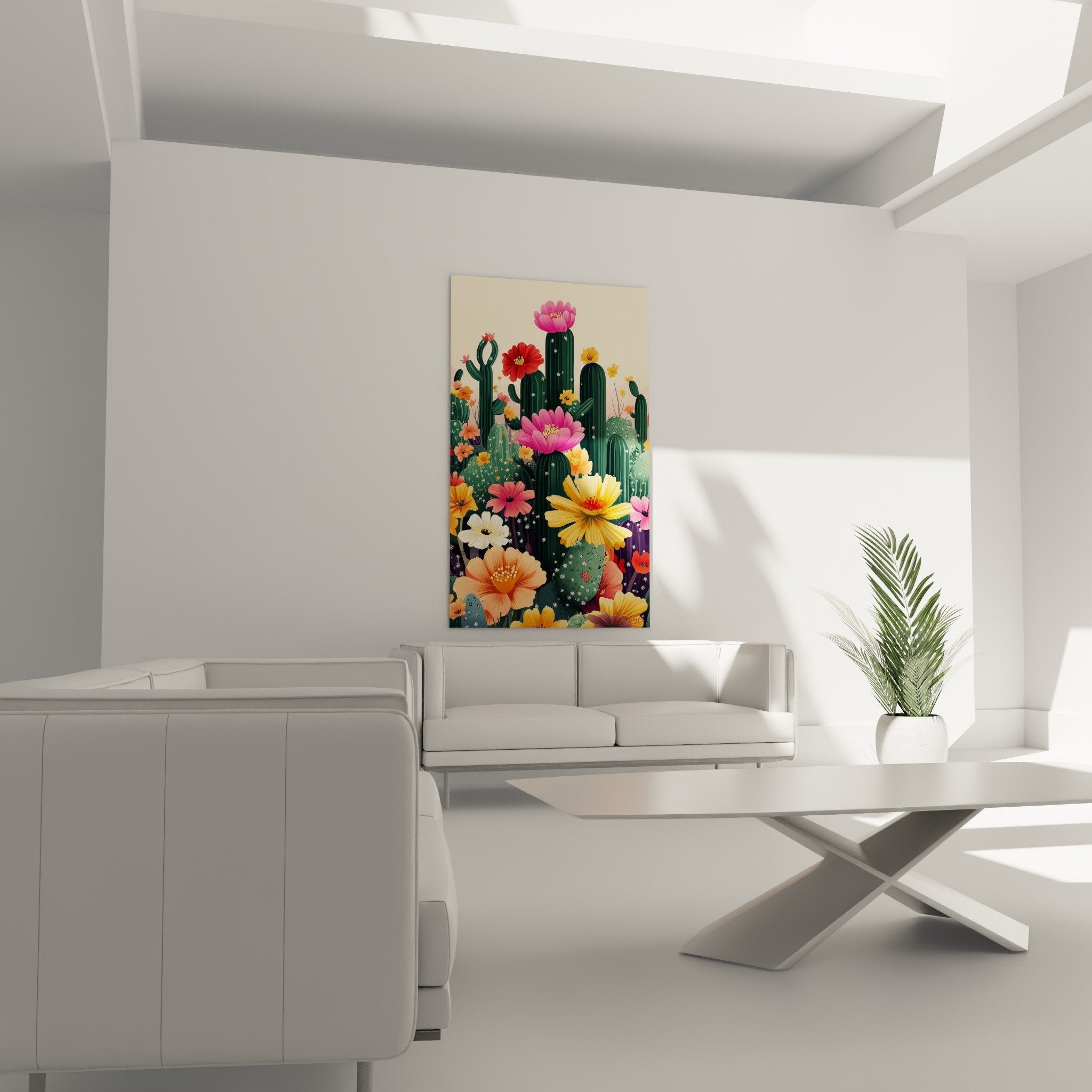 Détail fleurs roses orange cactus verts tableau cubisme moderne couleurs éclatantes