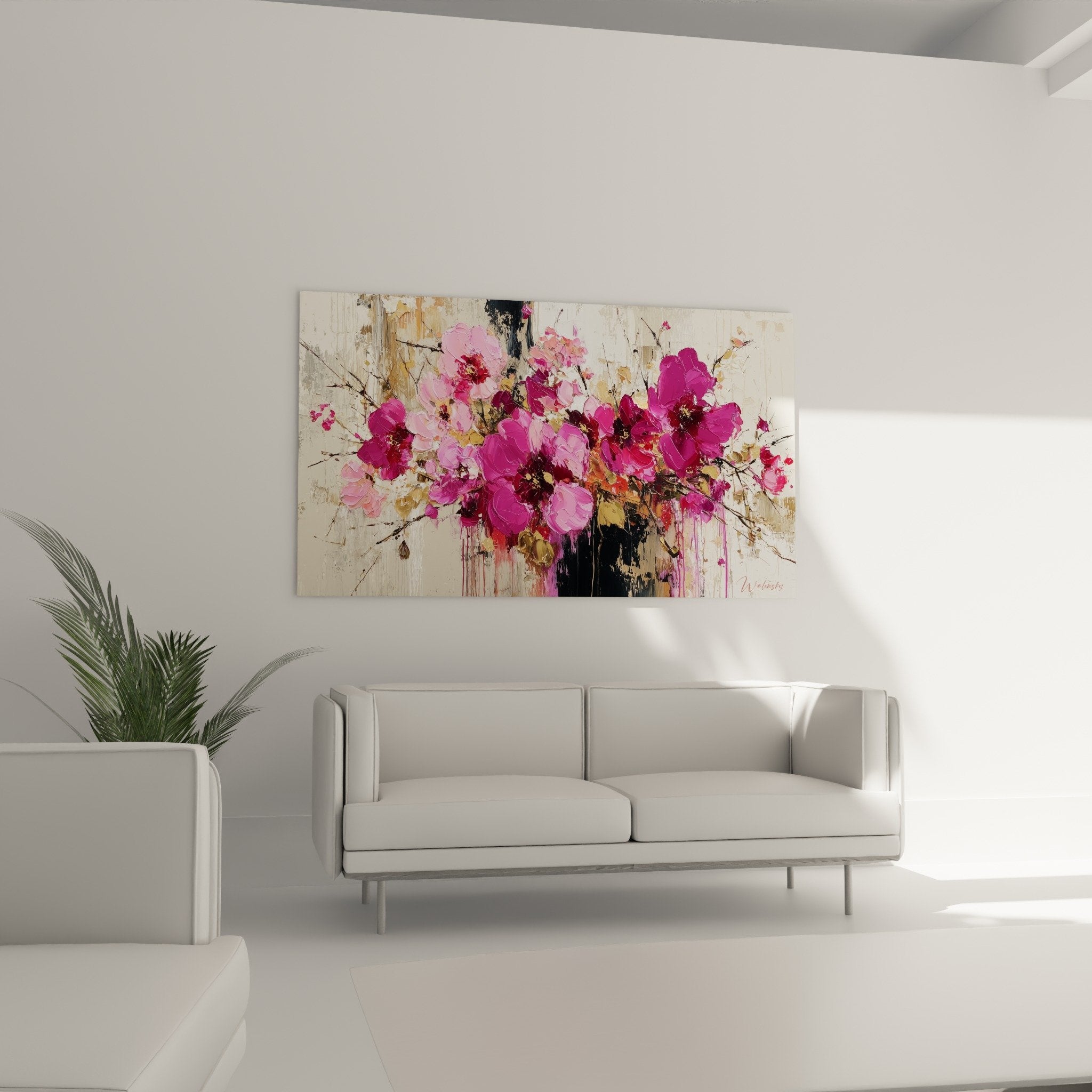 Detail peinture fleurs roses empates texture relief feng shui sud-est bois art mural