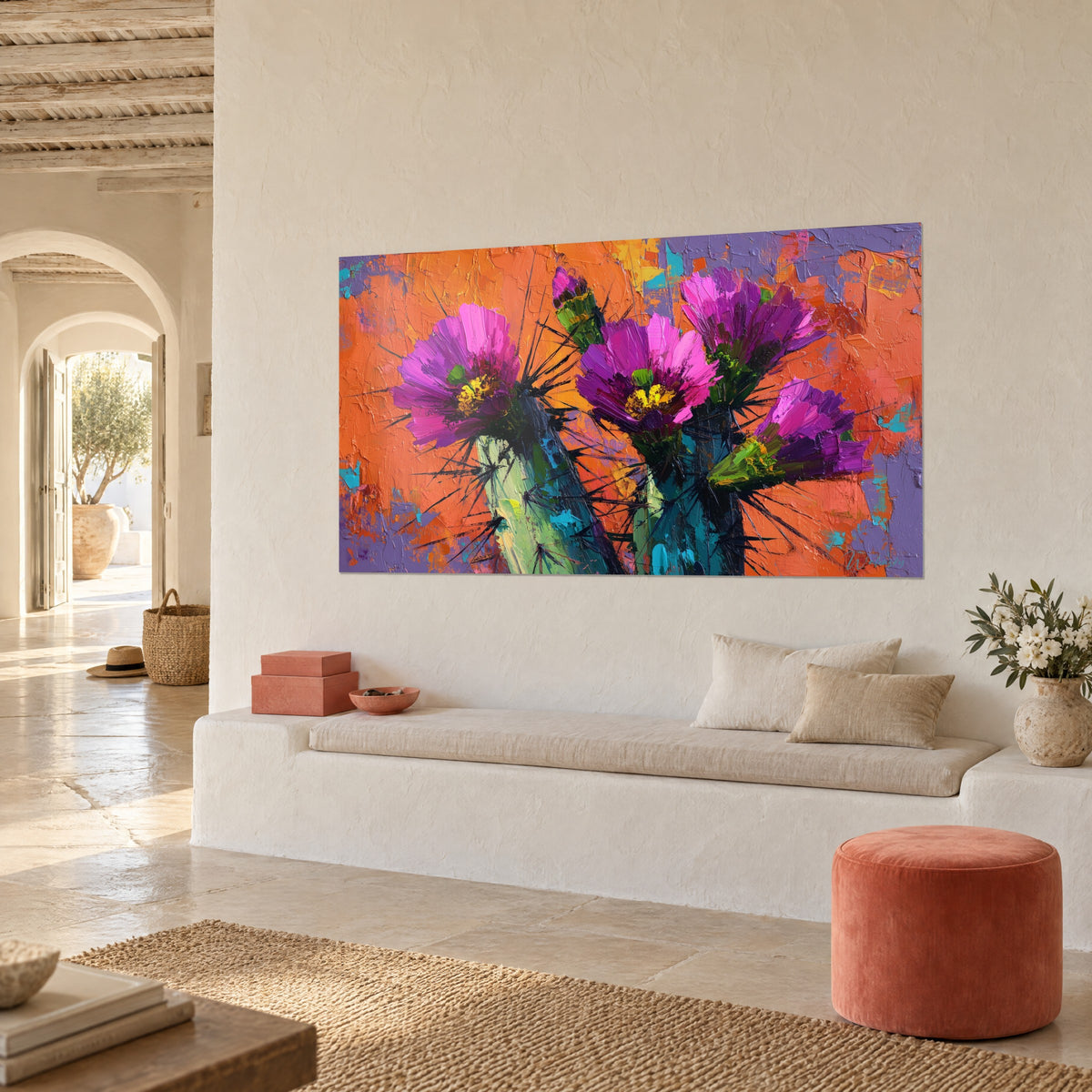 Cuadro flores de cactus moradas con espinas negras, fondo naranja y malva, pared encalada de una casa mediterránea