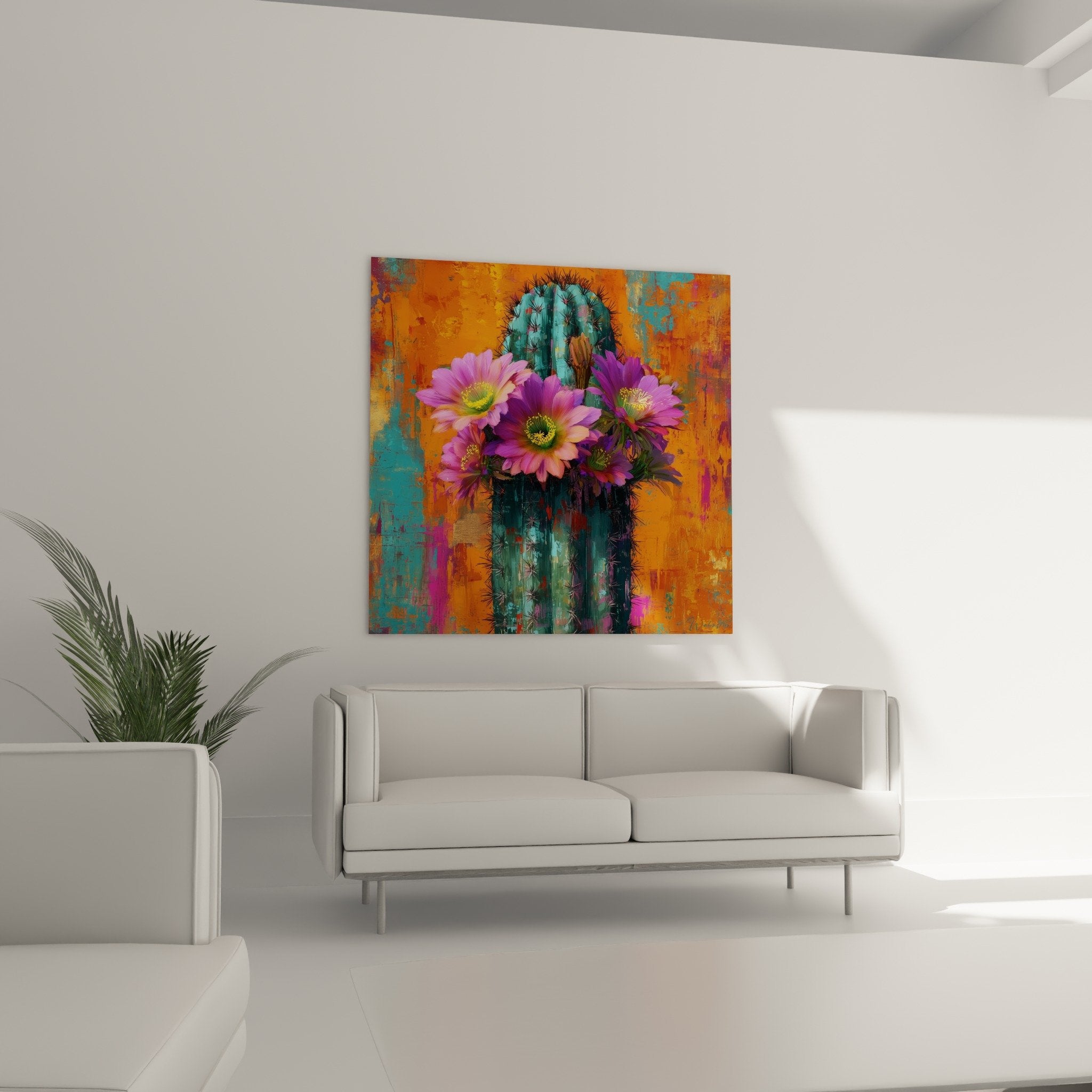 Détail fleurs violettes de cactus peinture contemporaine pétales roses cœur jaune épines noires