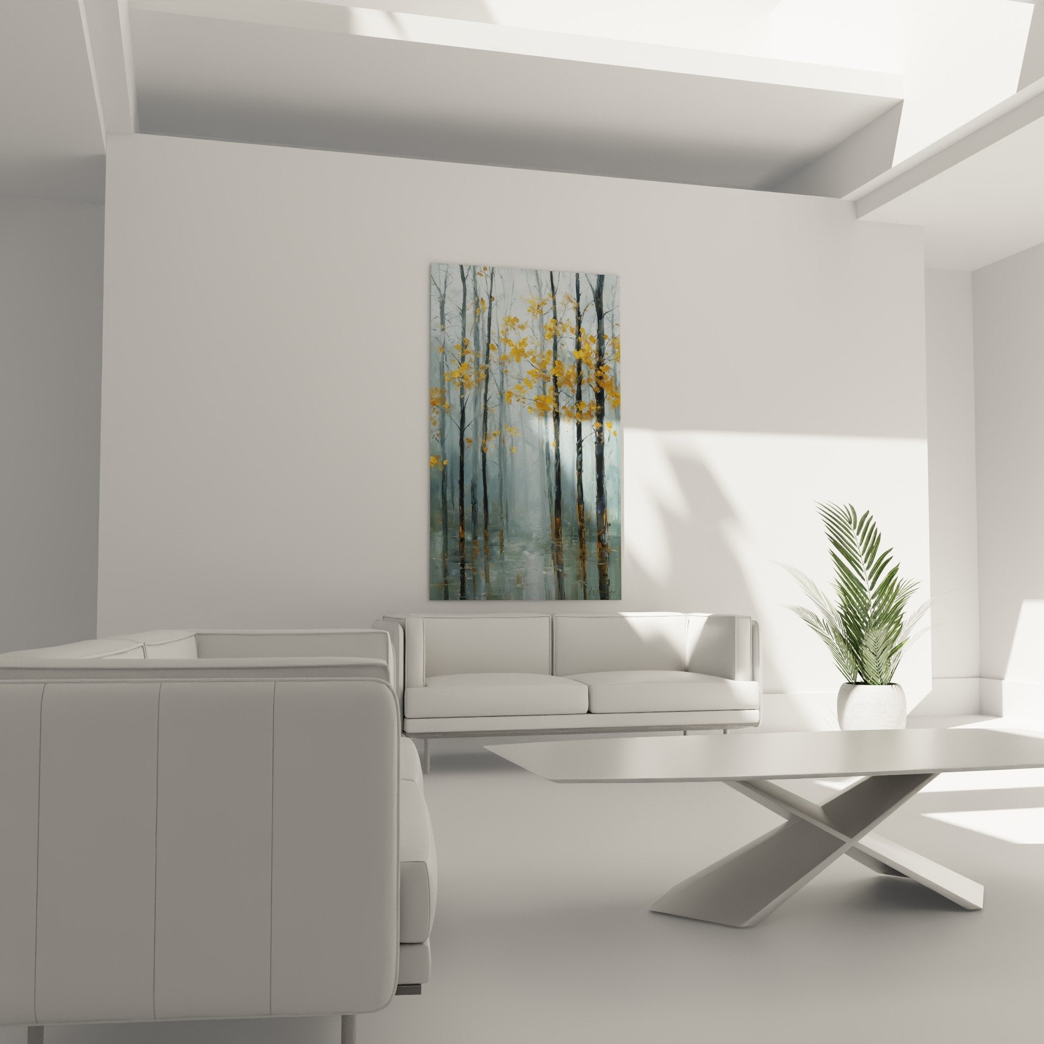 Detail tableau foret brume doree feuilles automne reflets aquatiques peinture feng shui est bois