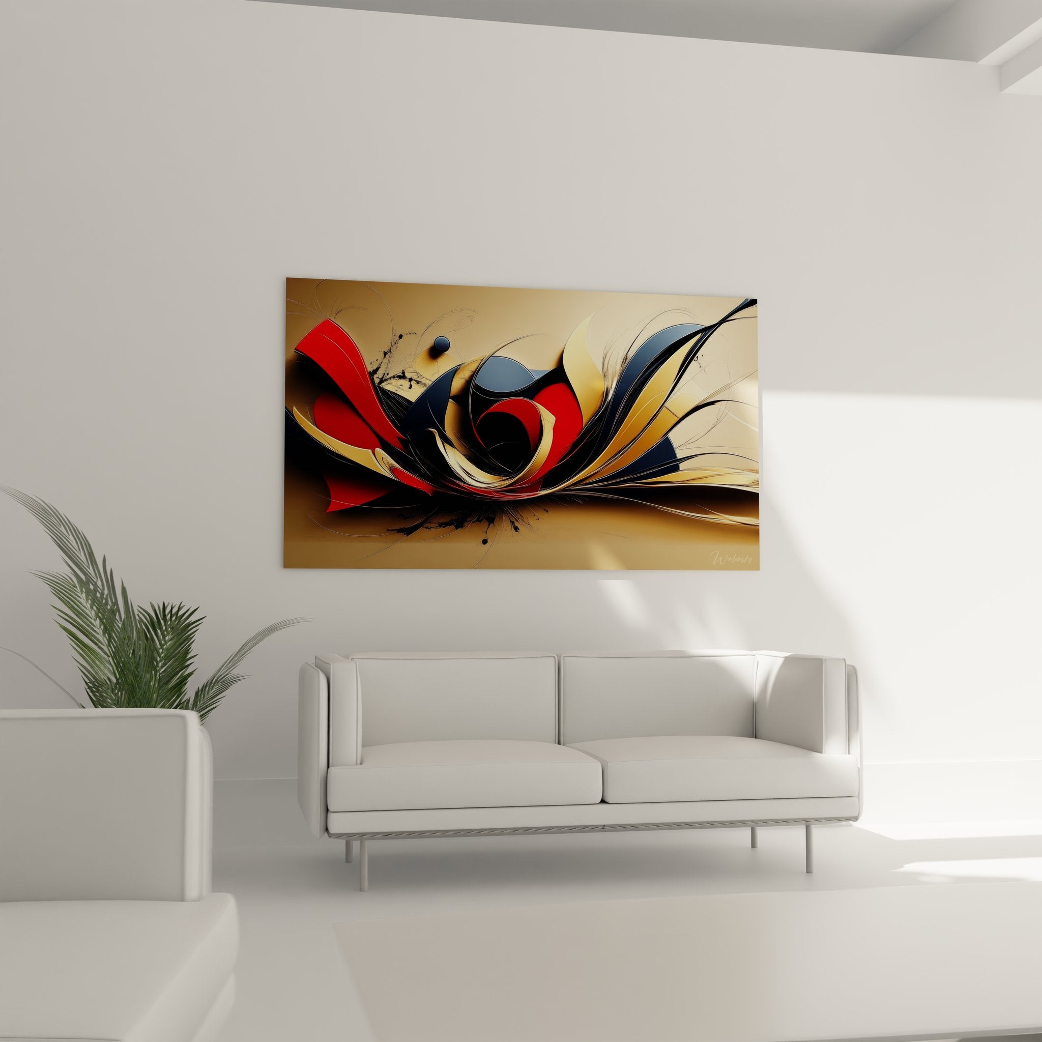 Détail gros plan formes abstraites rouges et dorées mouvement dynamique tableau moderne