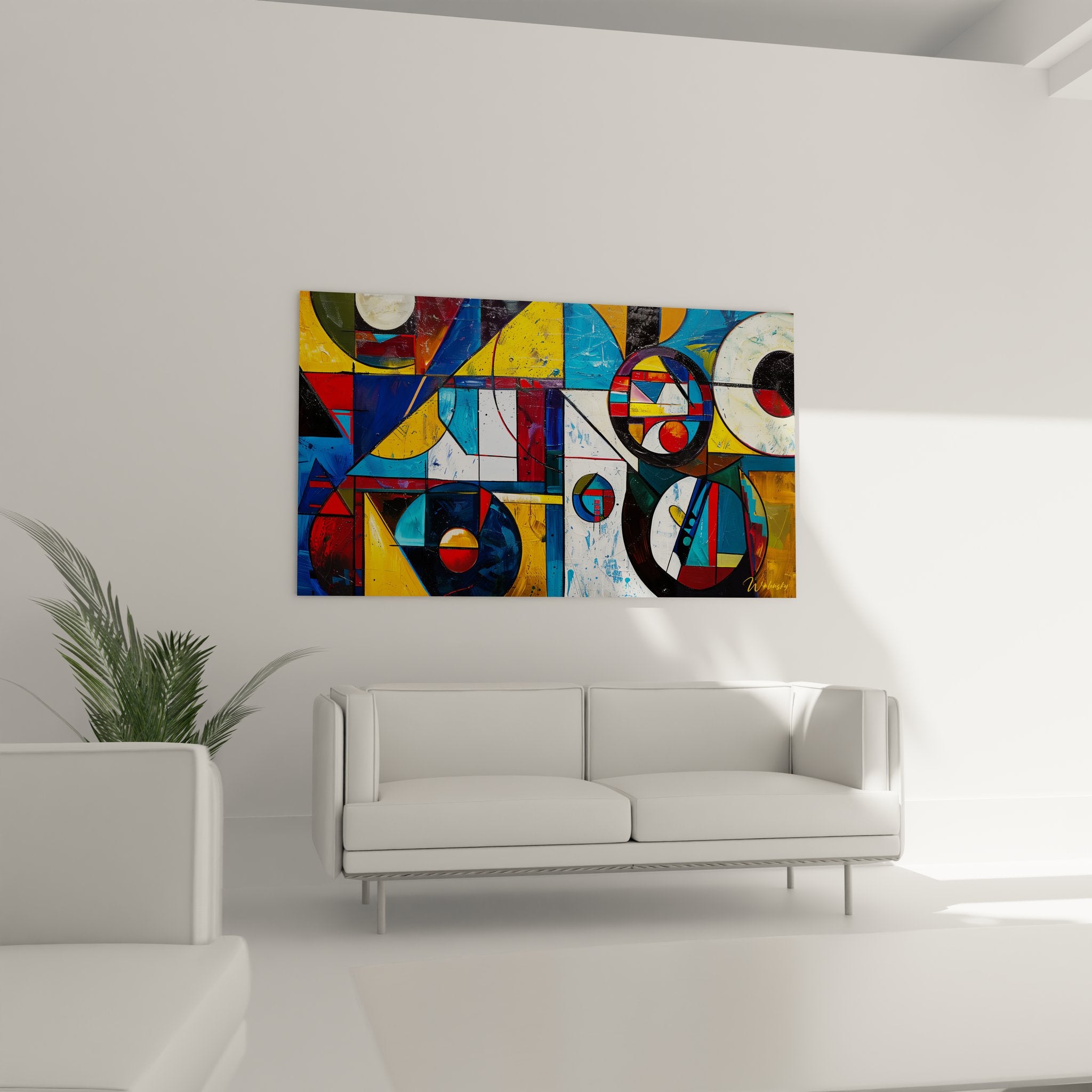 Détail rapproché des formes géométriques colorées et cercles du tableau abstrait