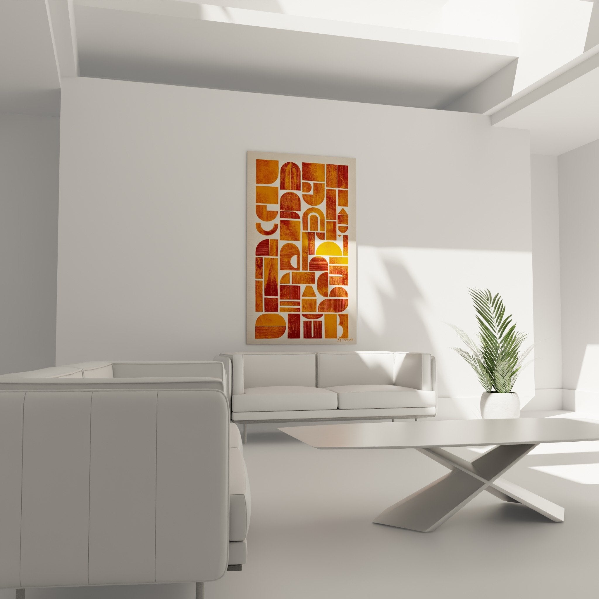 Detailstruktur geometrische Formen Orange Rot Holzeffekt patinierte abstrakte Komposition Feng-Shui