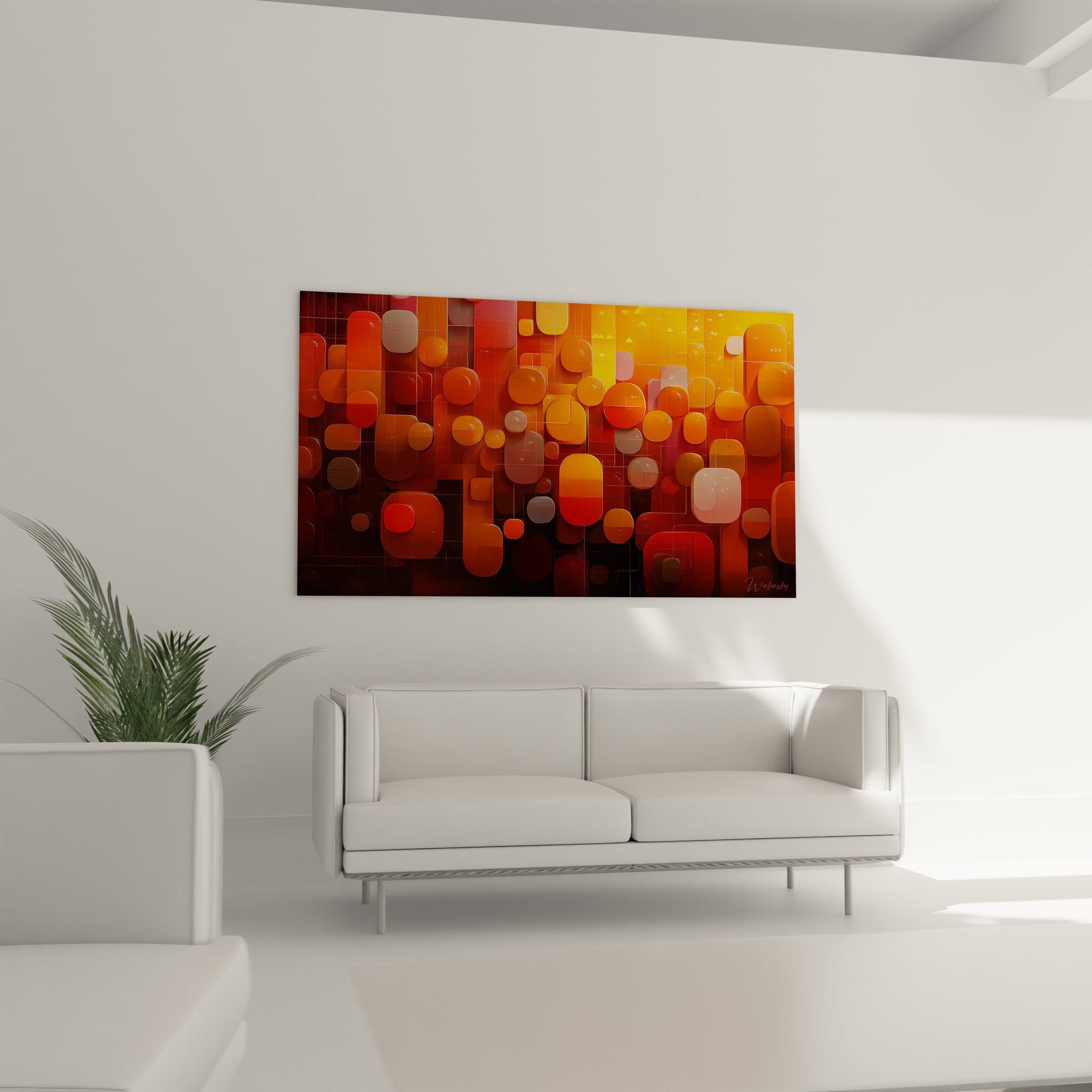 Détail formes géométriques translucides orangées tableau abstrait moderne gros plan