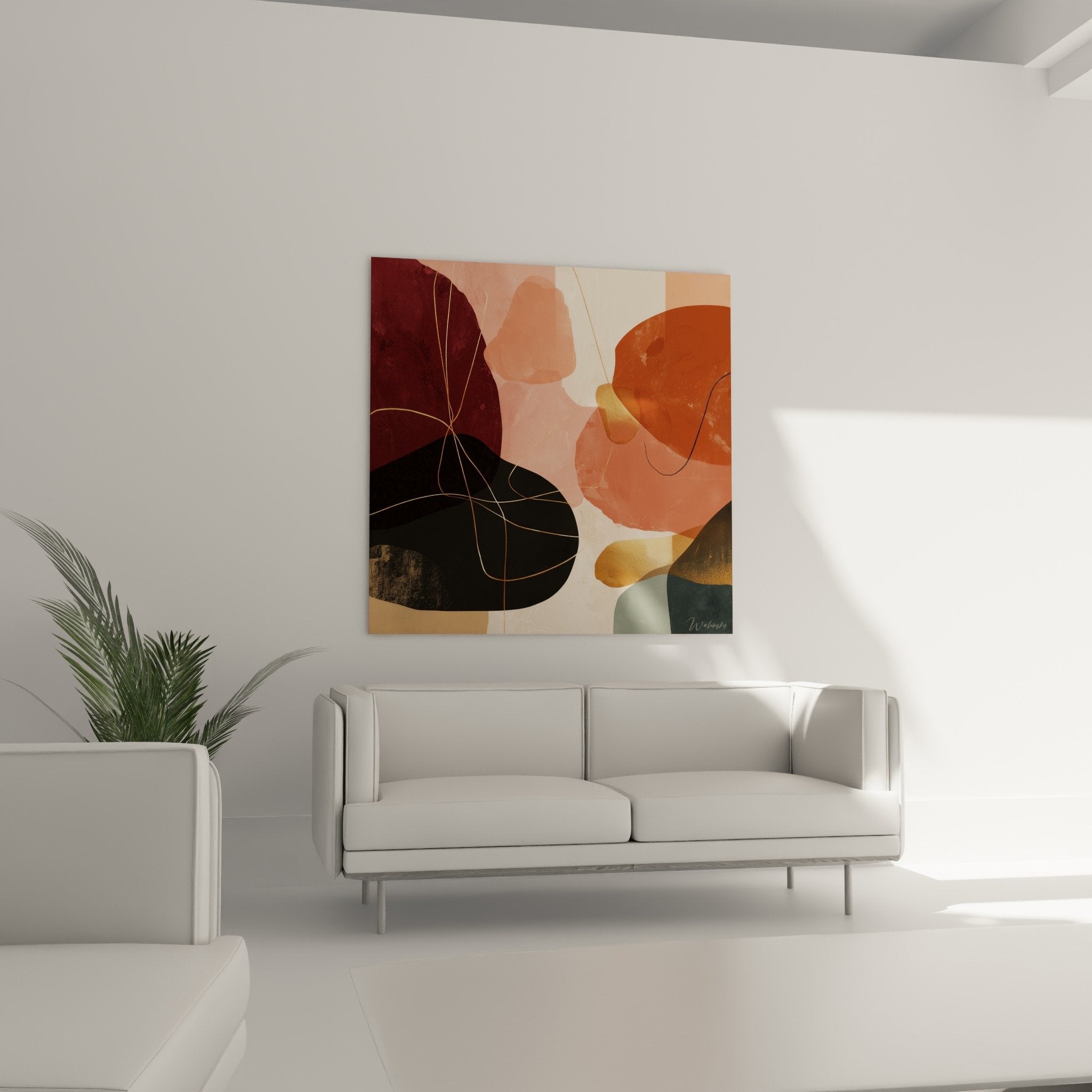 Abstract artwork detail organic shapes terracotta burgundy with golden lines and colored transparencies