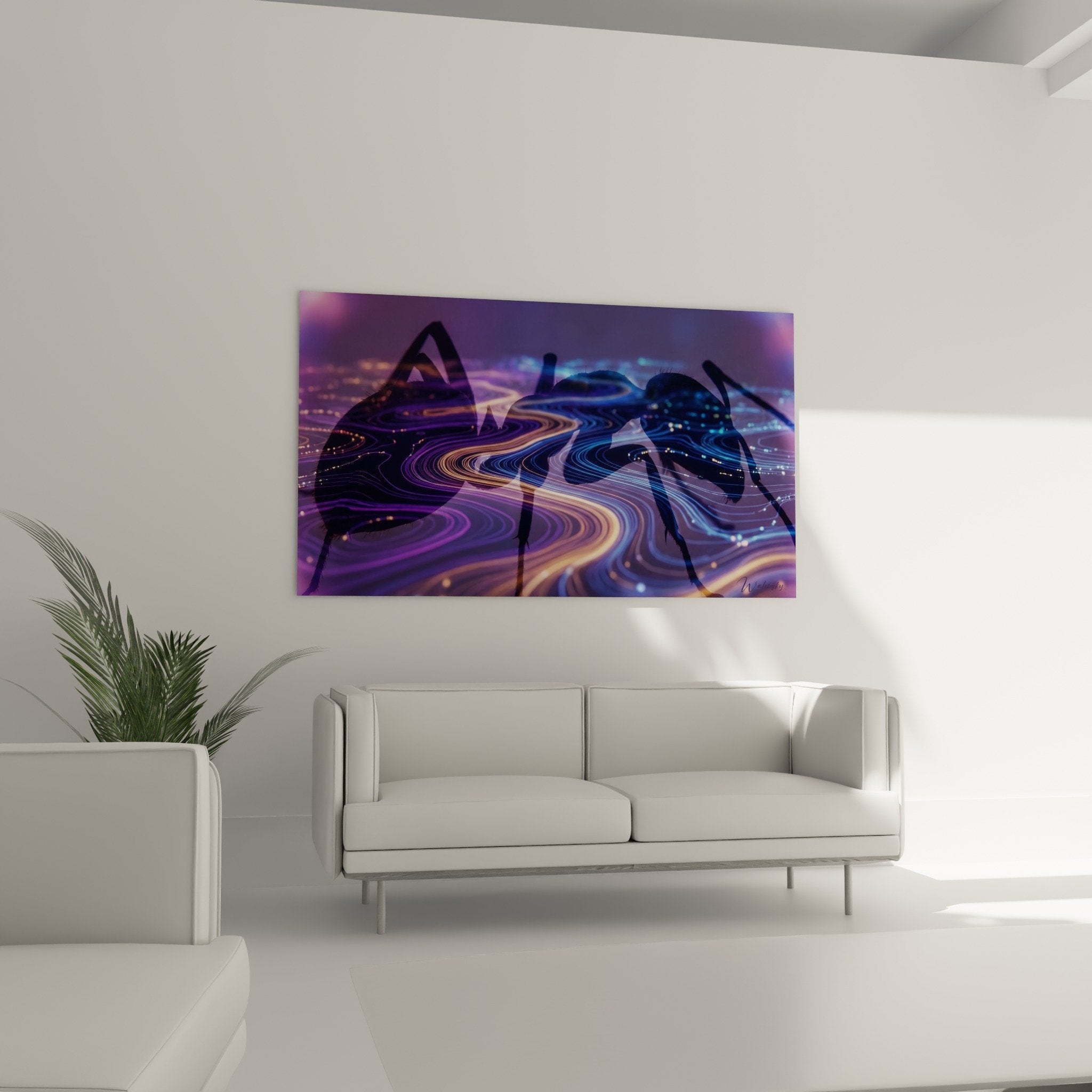 Nahaufnahme der fließenden violetten Kurven und goldenen Reflexe des abstrakten Gemäldes Fourmie