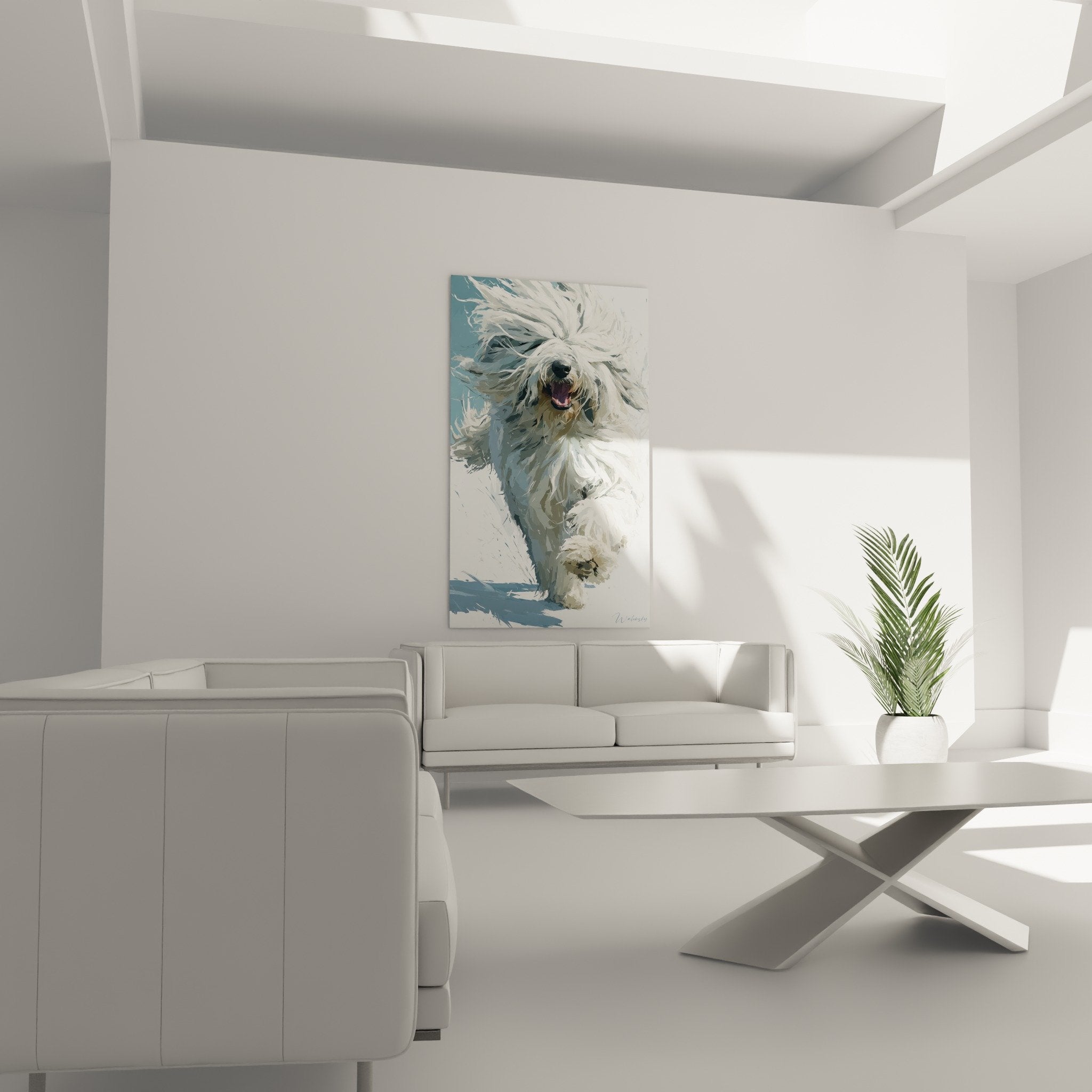 Gros plan tableau chien komondor, details fourrure blanche voltigeante, peinture dynamique