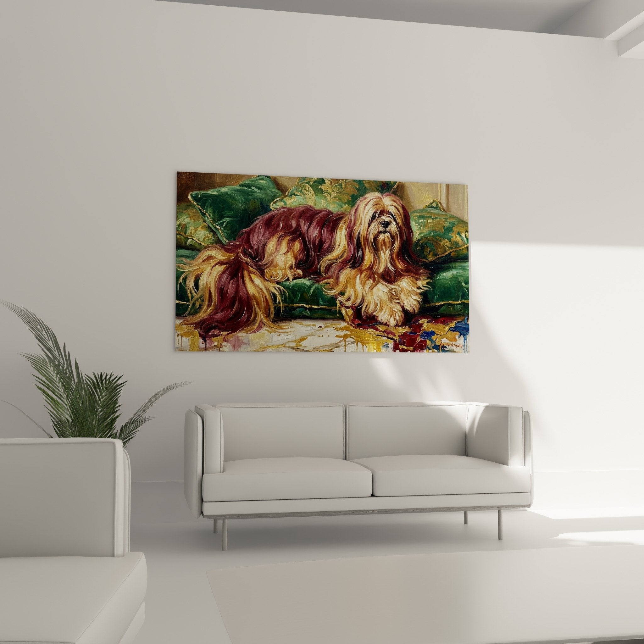 Détail rapproché texture soyeuse fourrure Lhassa Apso aux nuances cuivrées et dorées, technique empâtement magistrale