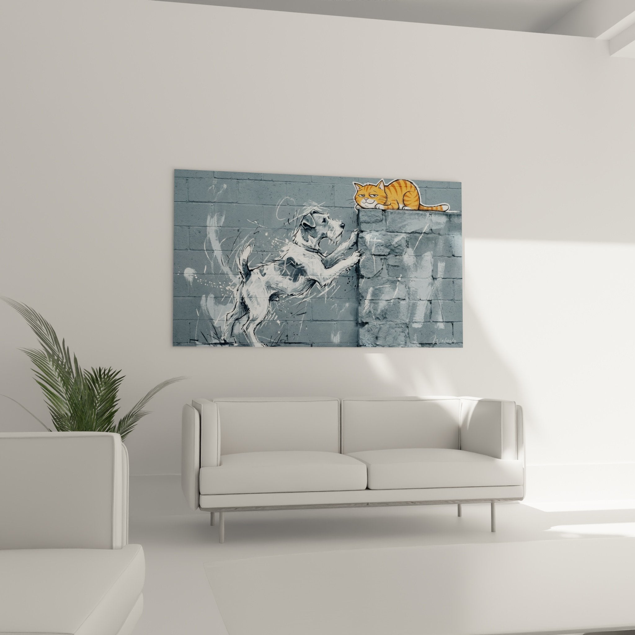 Detail rapproche fox terrier blanc graffiti eclaboussures peinture chat roux perche art street moderne