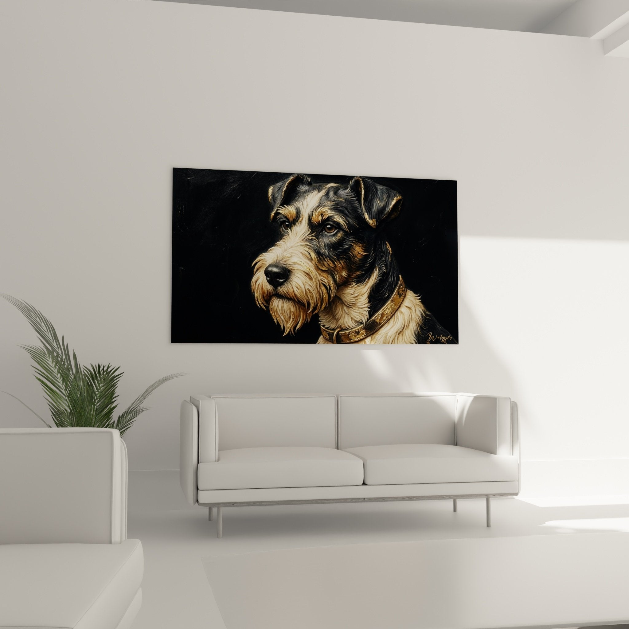 Detail Fox Terrier collier dore pelage fauve noir reflets lumineux portrait chien realiste