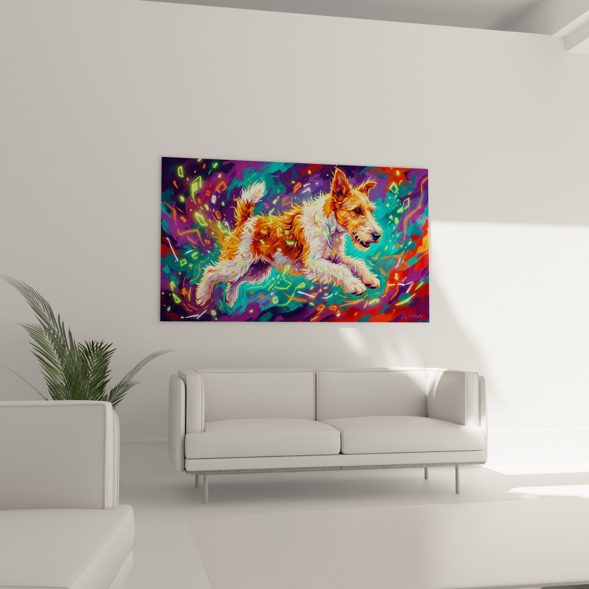 Detail tableau fox terrier art contemporain pelage orange blanc eclats colores fragments geometriques peinture vivante