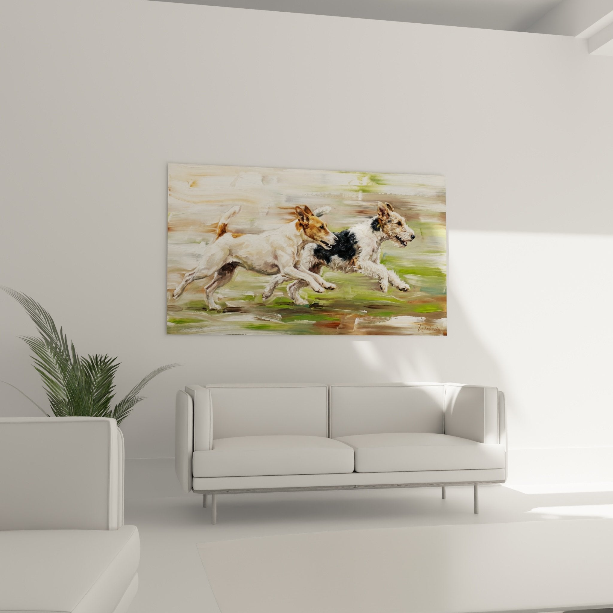 Détail peinture fox terrier course coups pinceau expressifs pelage blanc roux