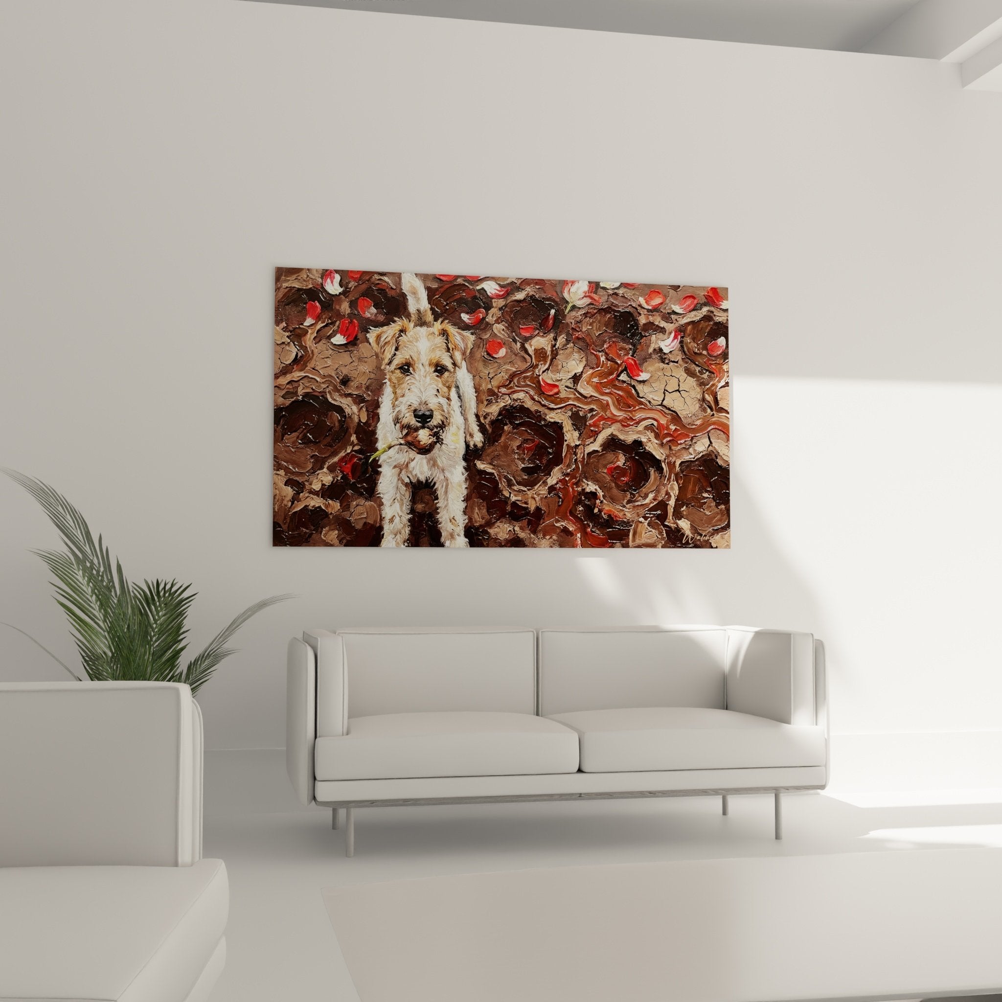 Détail peinture Fox Terrier technique empâtement relief matière épaisse regard expressif pelage texturé