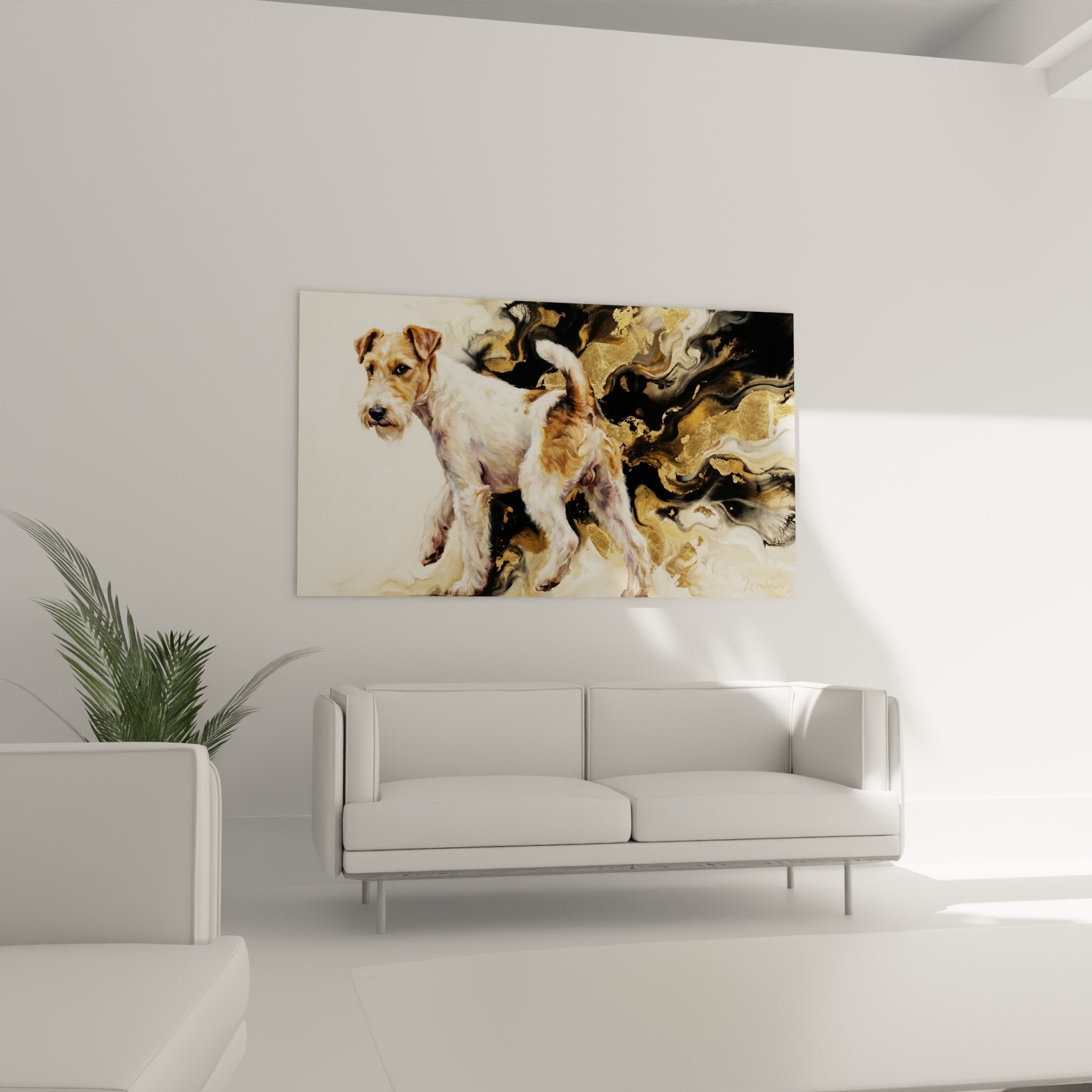 Détail pelage Fox Terrier blanc roux texture réaliste fond doré abstrait peinture contemporaine