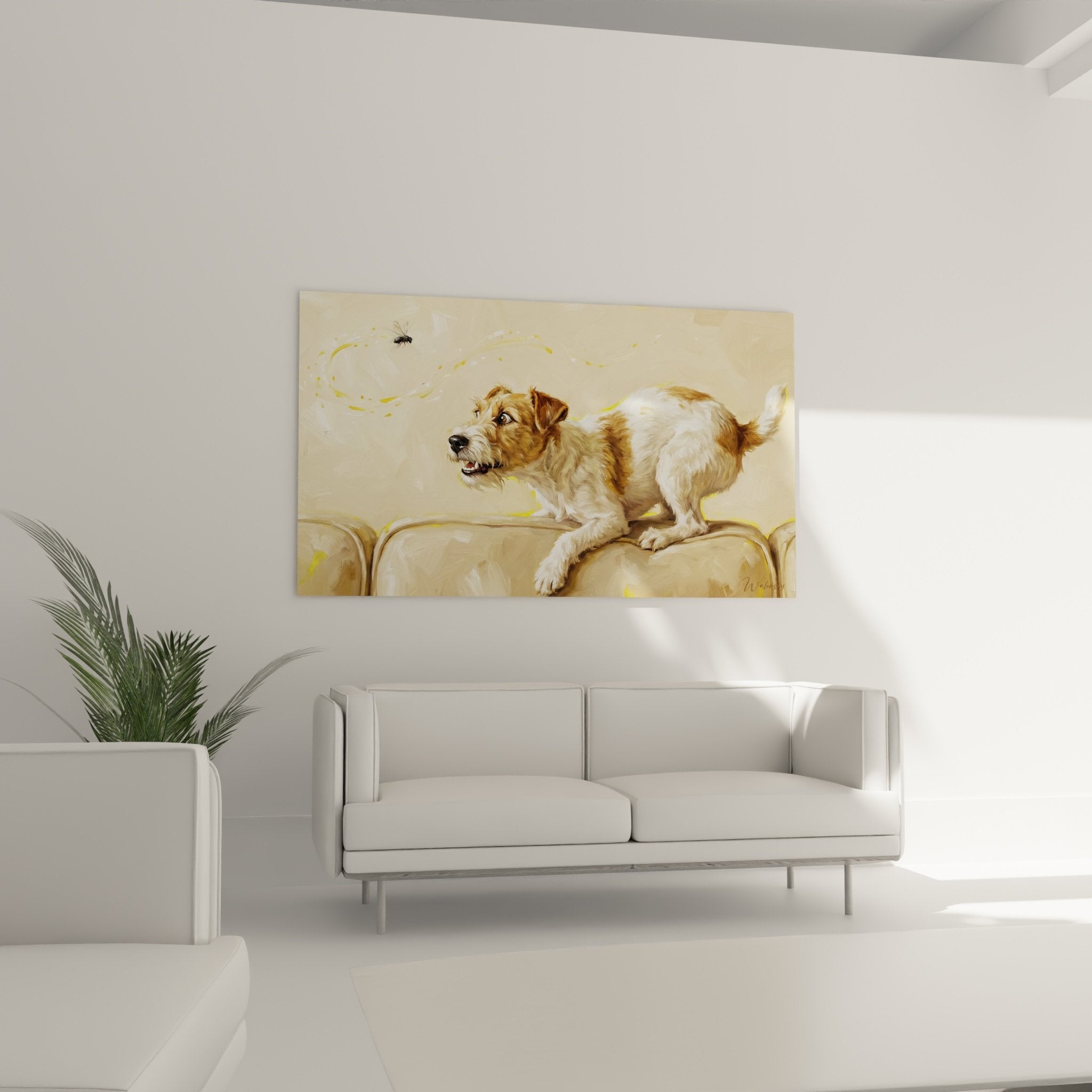 Détail Fox Terrier concentré chassant mouche, pelage roux blanc texture réaliste peinture