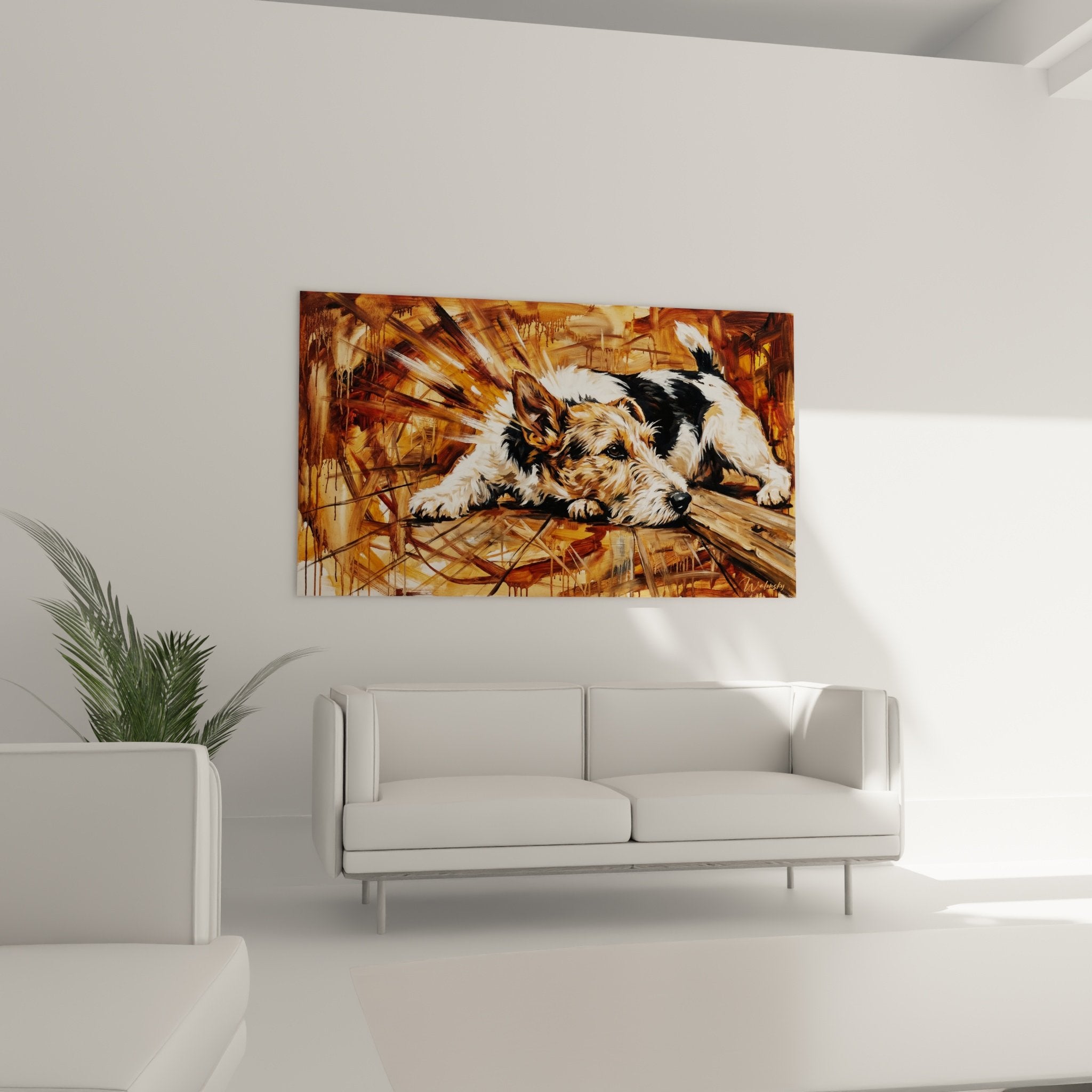 détail tableau fox terrier technique expressive coups pinceau couleurs ocre ambiance douce