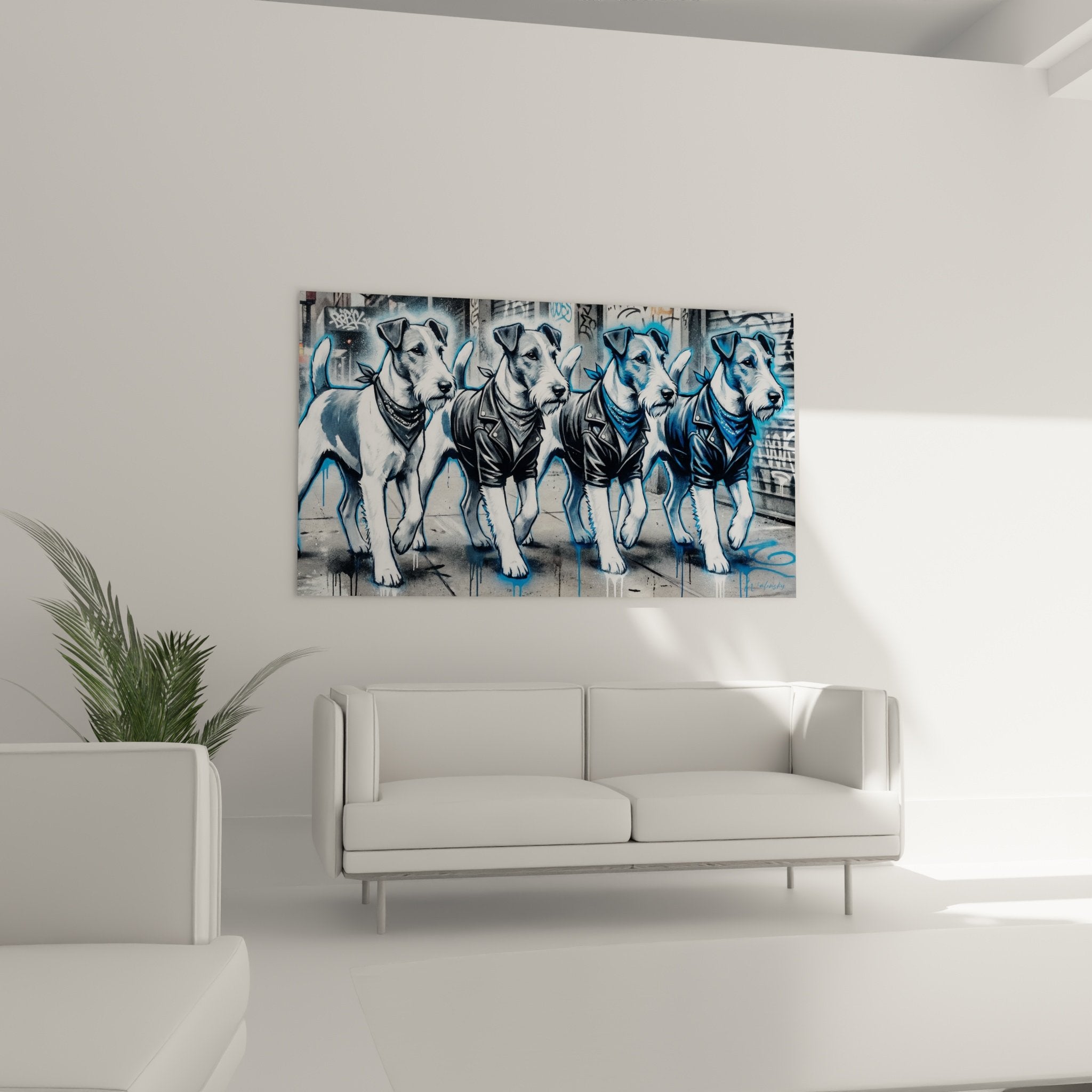 Détail rapproché Fox Terrier en veste cuir bandana bleu style street art urbain