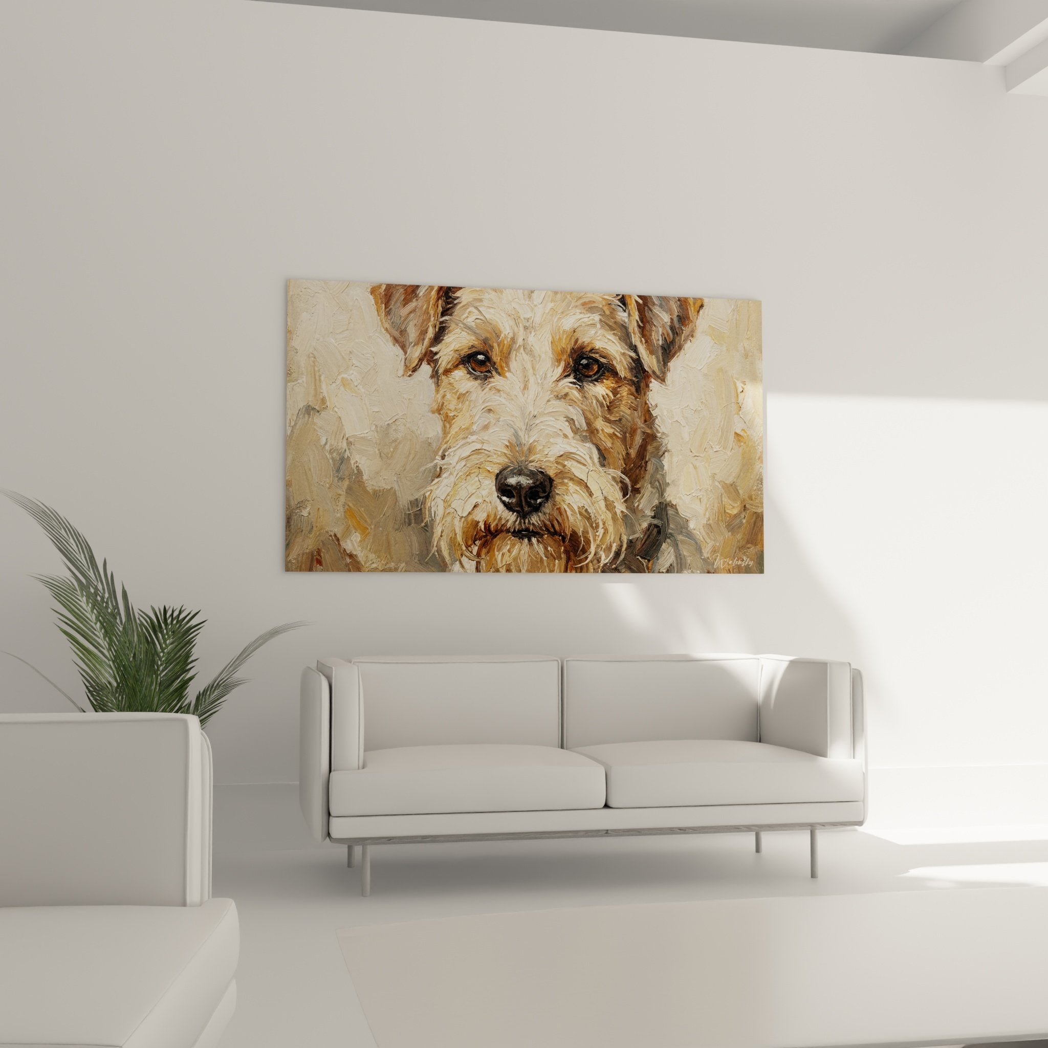 Détail portrait Fox Terrier peinture, yeux ambrés expressifs, fourrure beige et ocre, coups de pinceau